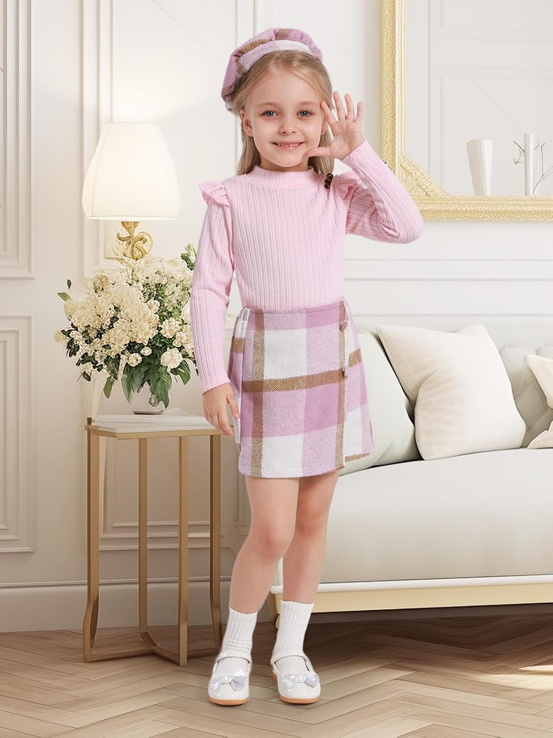 Toddler Girls Fall Winter Clothes 3 Piece Outfits Kids Long Sleeve Ribbed Knit T Shirt Sweater Plaid Mini Skirt Set