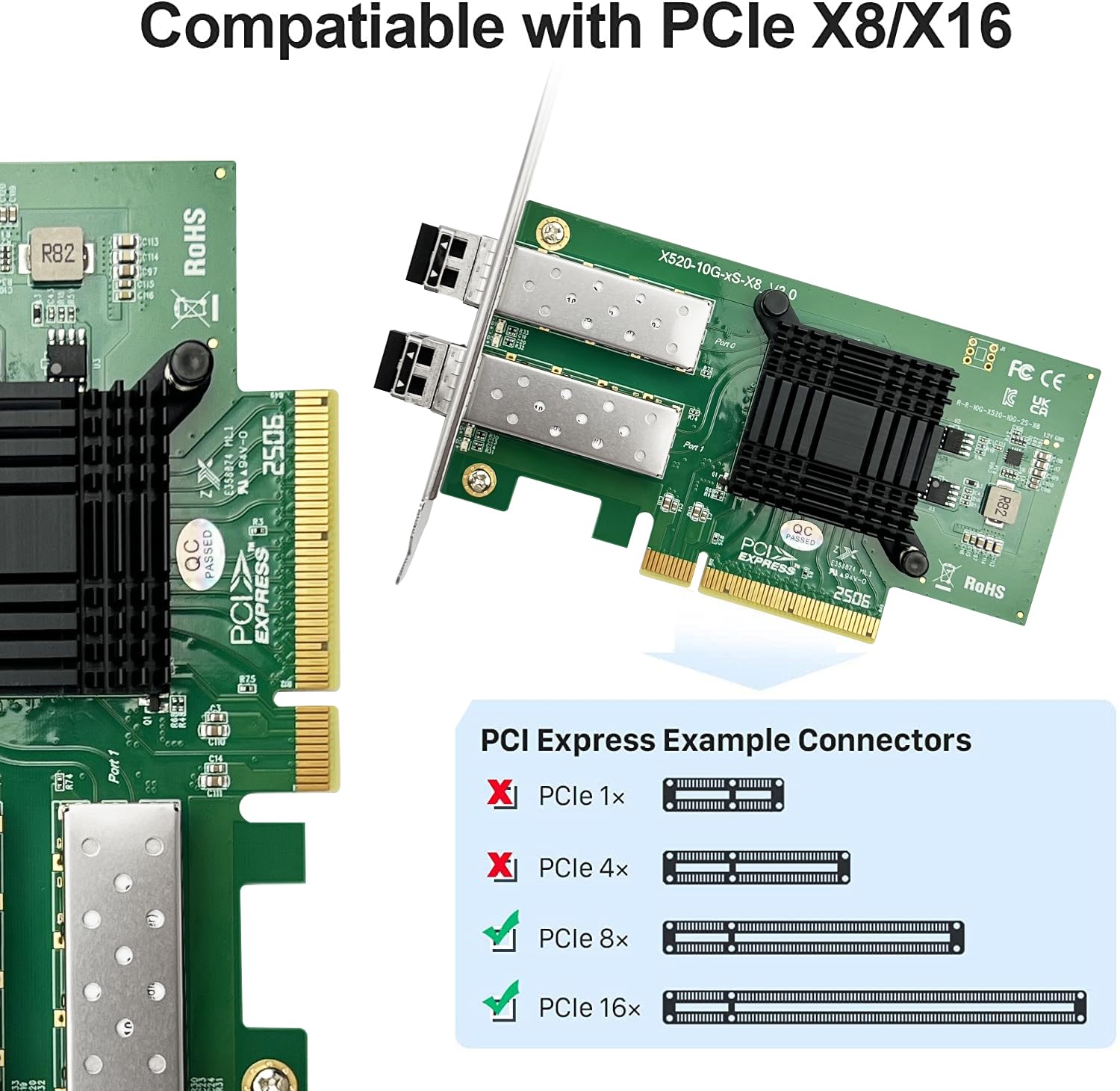 10Gtek 10Gb SFP+ Nic Network Card, Daul SFP+ Ports, Intel 82599ES Controller, Compare to Intel X520-DA2(E10G42BTDA), Packed with 2X SFP+ SR moudles (300m, MMF, 850nm)