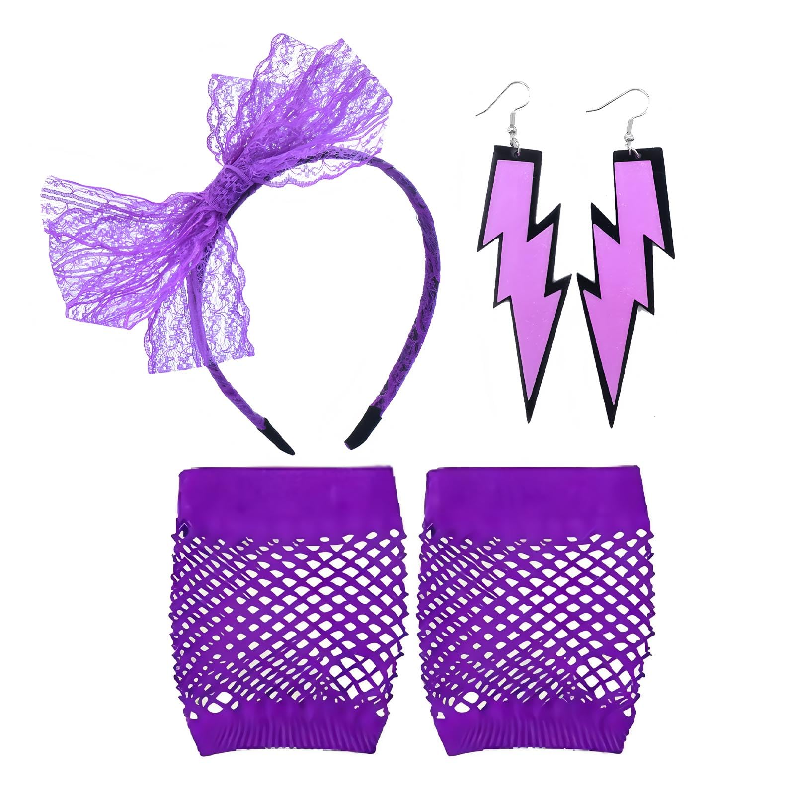 5 Pcs 80s Fancy Dress Costume Accessories, Lace Bow Headband, purple Fishnet Gloves, Earrings