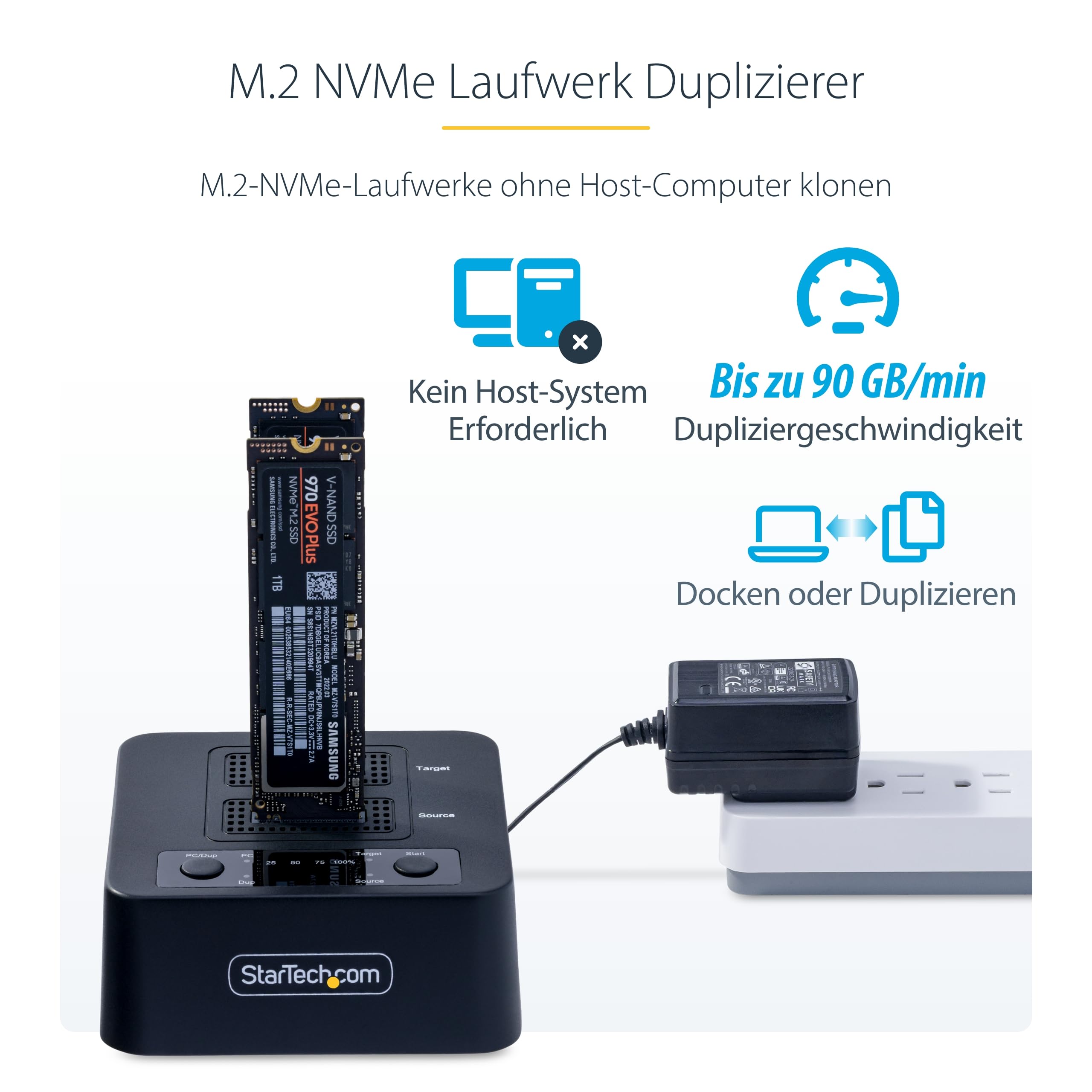 StarTech.com 1:1 M.2 NVMe Kopierstation, 90GB/m Unabhängiger PCIe SSD Duplicator/Clone Station, USB-C 20Gbps Dual-Bay Dock
