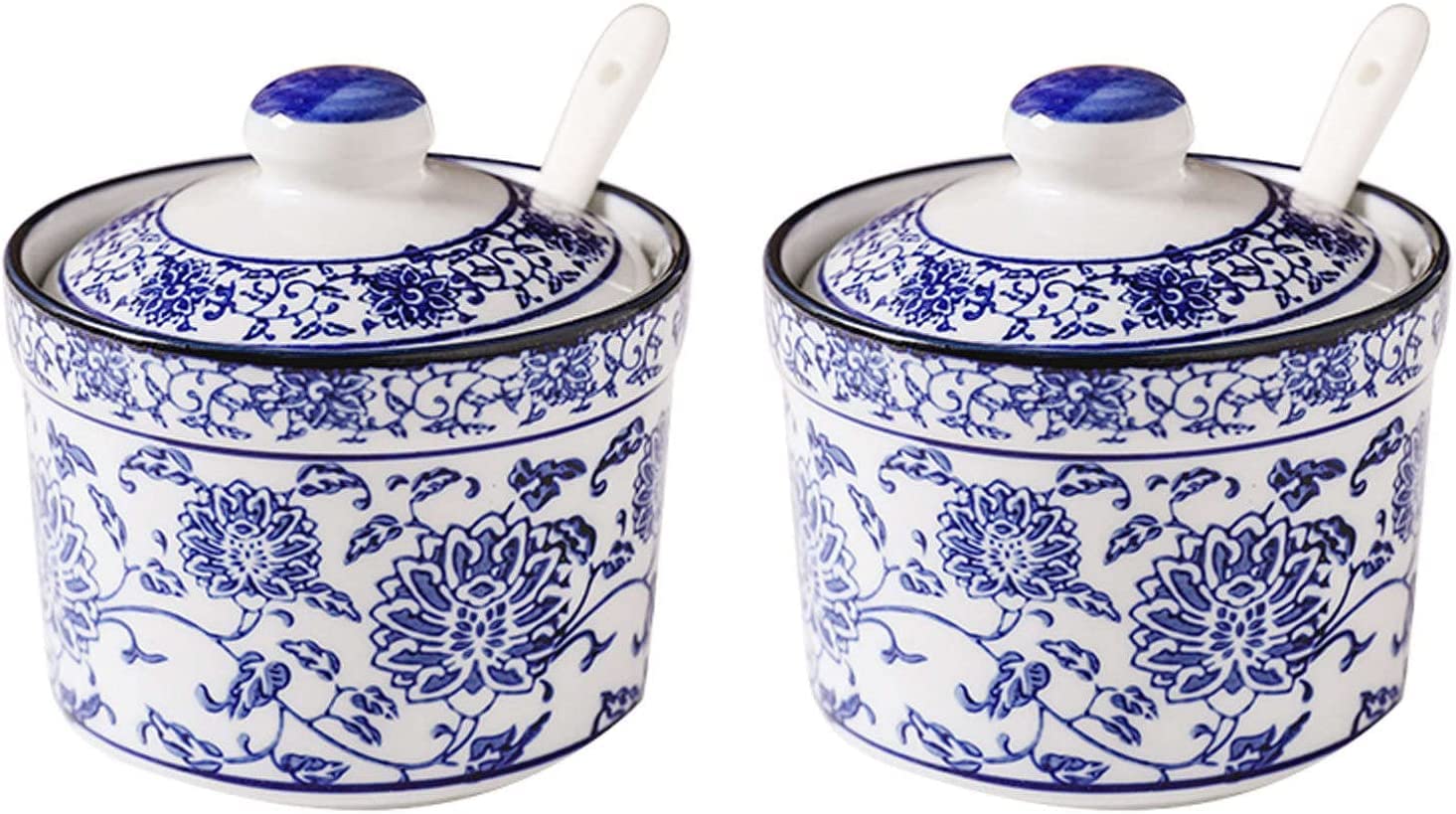 Zuccheriera Zuccheriera cinese in porcellana blu e bianca con coperchio, zuccheriera in porcellana con cucchiaio, piccola saliera, blu e bianca, singola(2 Set)
