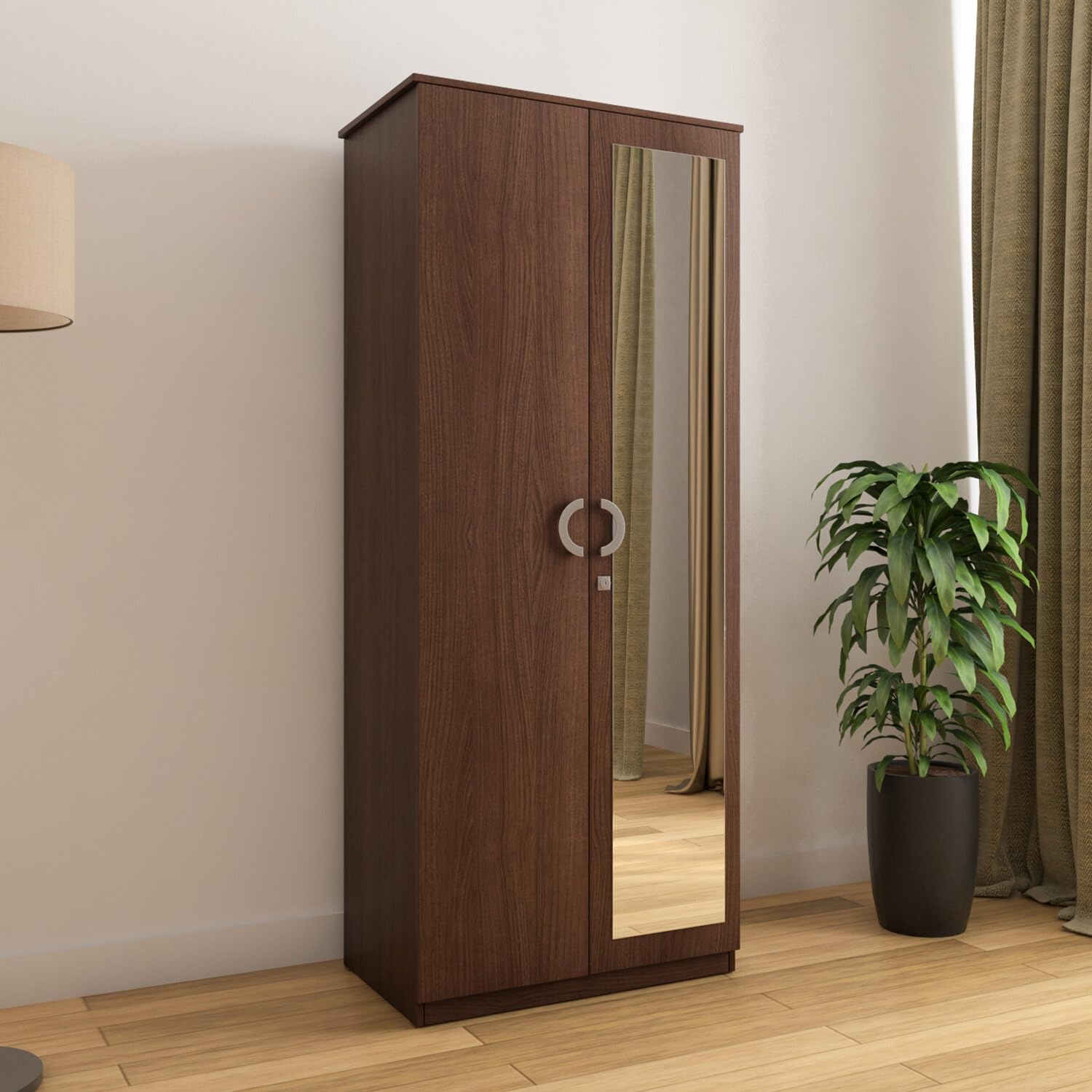 Nilkamal Massif 2 Door Wardrobe with Mirror | Engineered Wood Almirah |1 Hanging Rod & 3 Storage Shelves in Cabinet|1 Year Warranty | Legno Oak-picture-1