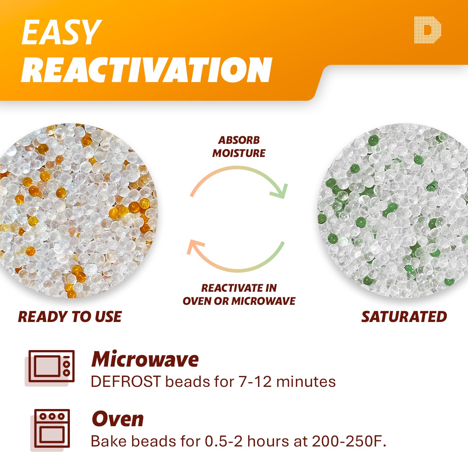 Dry & Dry [7-7.5 LBS] Premium Orange & White Mixed Indicating Silica Gel Desiccant Beads(Industry Standard 2-4 mm) - Rechargeable Silica Gel(1 Gallon)