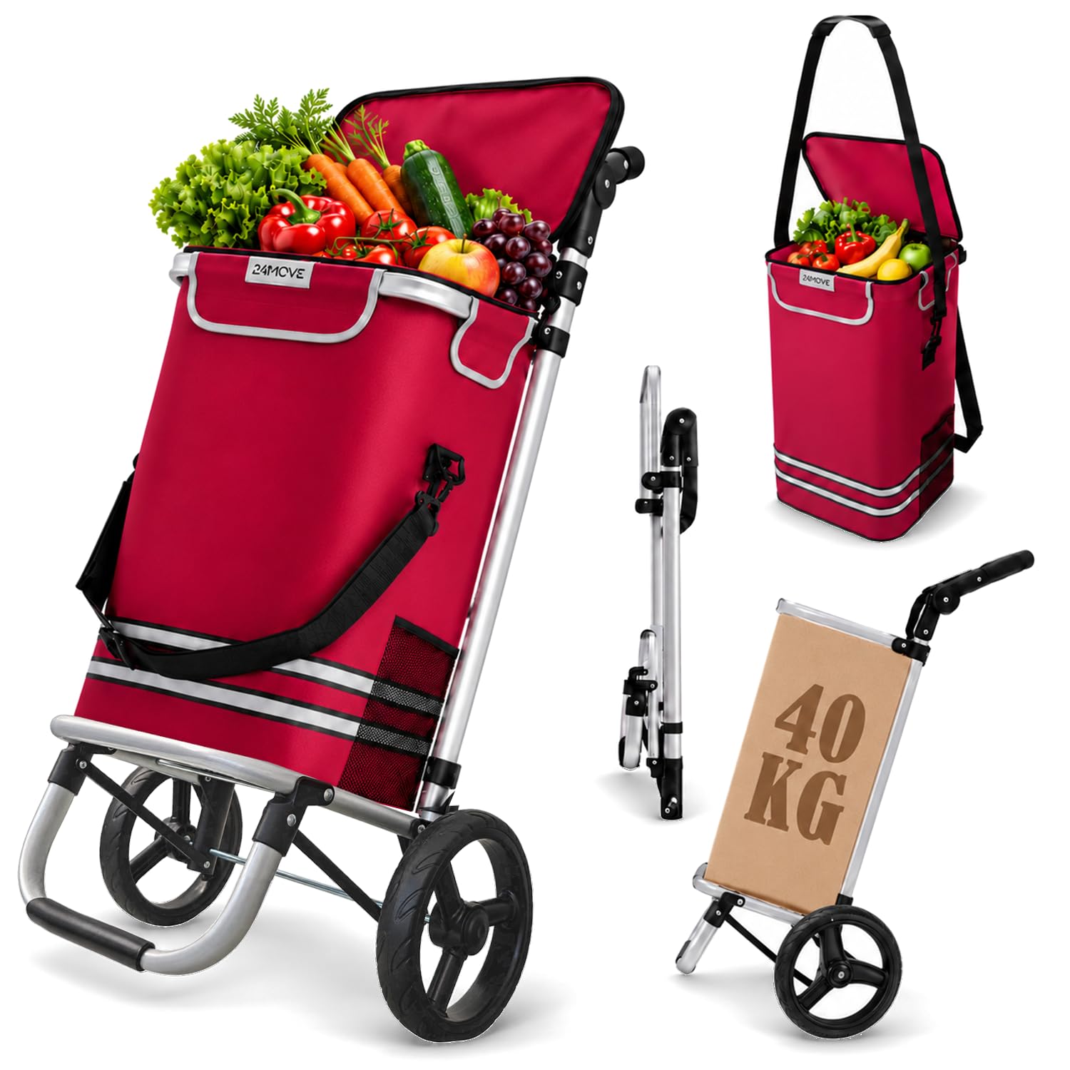 24MOVE® Einkaufstrolley Vehlo klappbar mit 55L inkl. Kühlfach, Faltbarer 3in1 Trolley - Sackkarre und Tasche, bis 40kg belastbar, rot