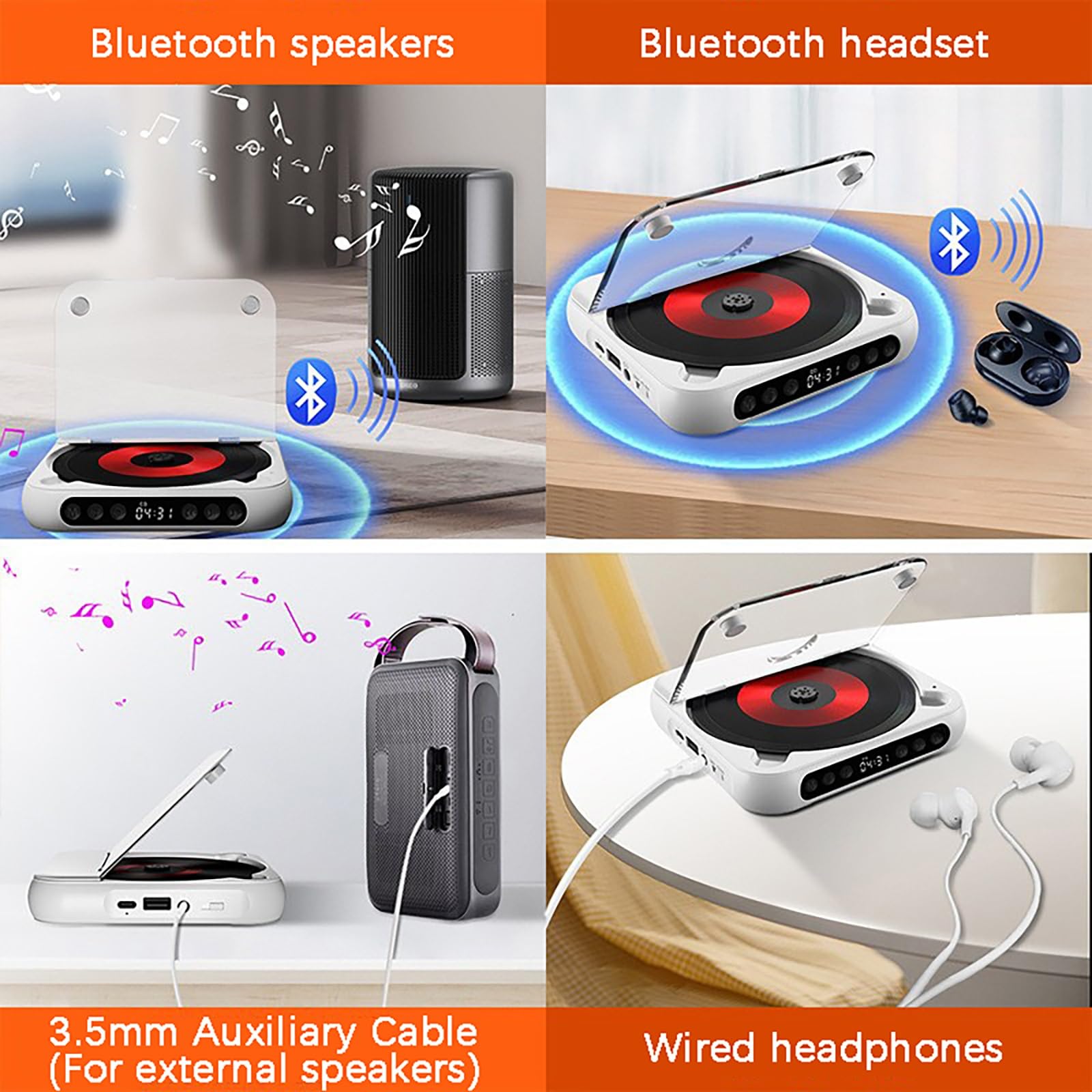 Lettore CD Bluetooth portatile con suono Hi-Fi, lettore musicale compatto ricaricabile per viaggi, casa e auto, riproduce CD, CD-R, RW e MP3, supporta AUX e cuffie