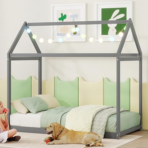 Miniatura 49 de Bellemave Cama individual para niños, cama de madera de pino, camas Montessori para niños, color blanco con estante Blanco,Madera de pino gris,gris