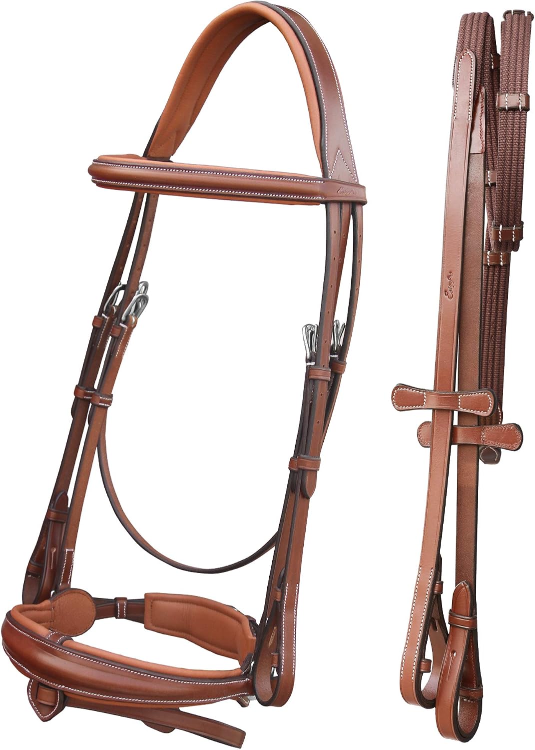 Exion Dressage Bridle with Mono Crown & Detachable Flash | Anatomical Crank Noseband, Raised Padded Browband, Calfskin-Lined Leather Dressage Bridle with Web Reins for Horses