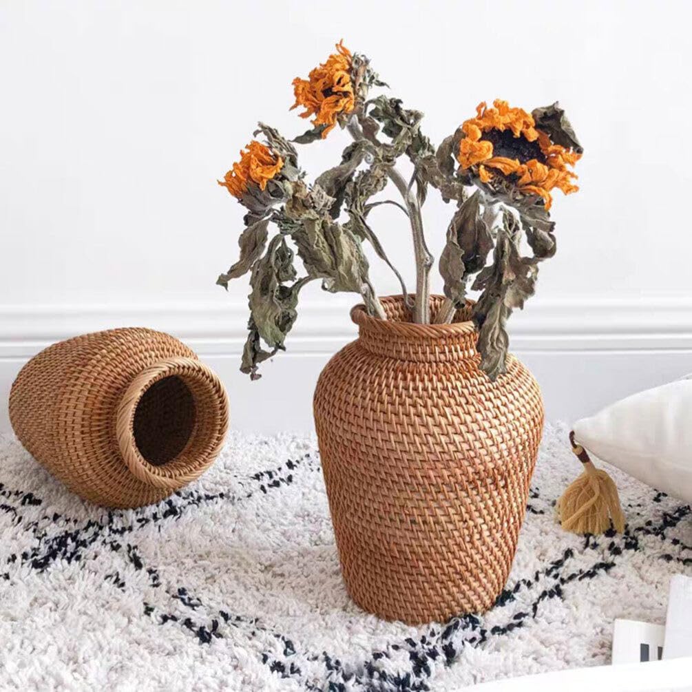VOSAREA Wicker Vase Vintage Rattan Woven Vase Rustic Tall Floor Floral Arrangement Holder for Home Office Wedding Holiday Decor