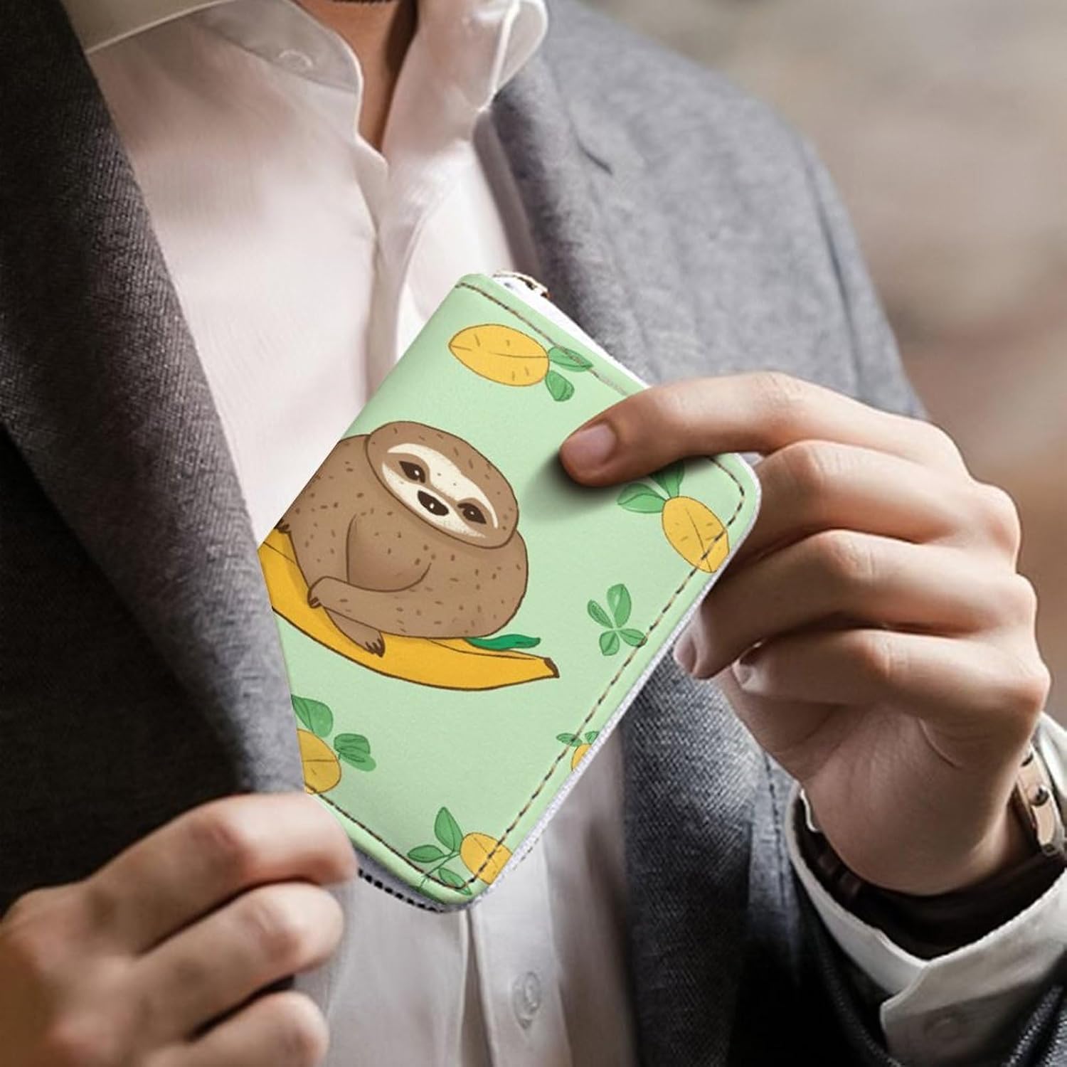 Cute Sloths on Yellow Lemons Card Holder RFID Blocking,Credit Card Wallet for Women And Men,Card Case Organizer Bag with Zipper