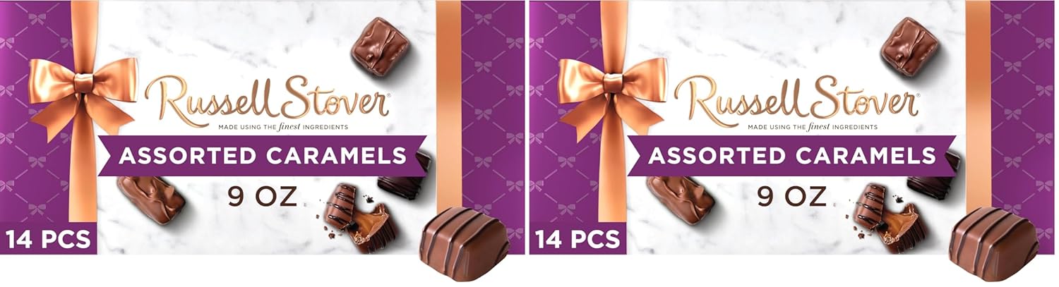 Russell Stover, Assorted Caramels in Milk and Dark Chocolate, Chocolate Gift Box, 9 Ounce (Pack of 2)