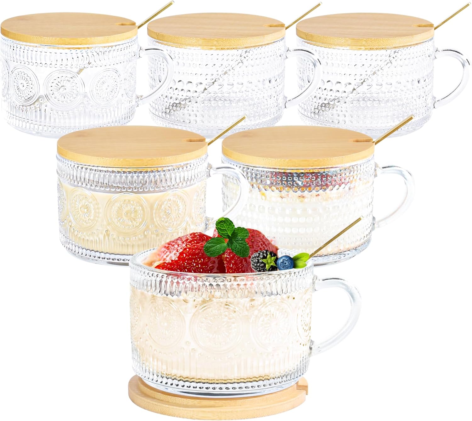 14 oz Iced Coffee Mugs Set of 6 Vintage Overnight Oats Glass Containers with Bamboo Lids Spoons Handle for Latte Cereal Yogurt(6 Mixed Pattern with Spoon Hole Lid)