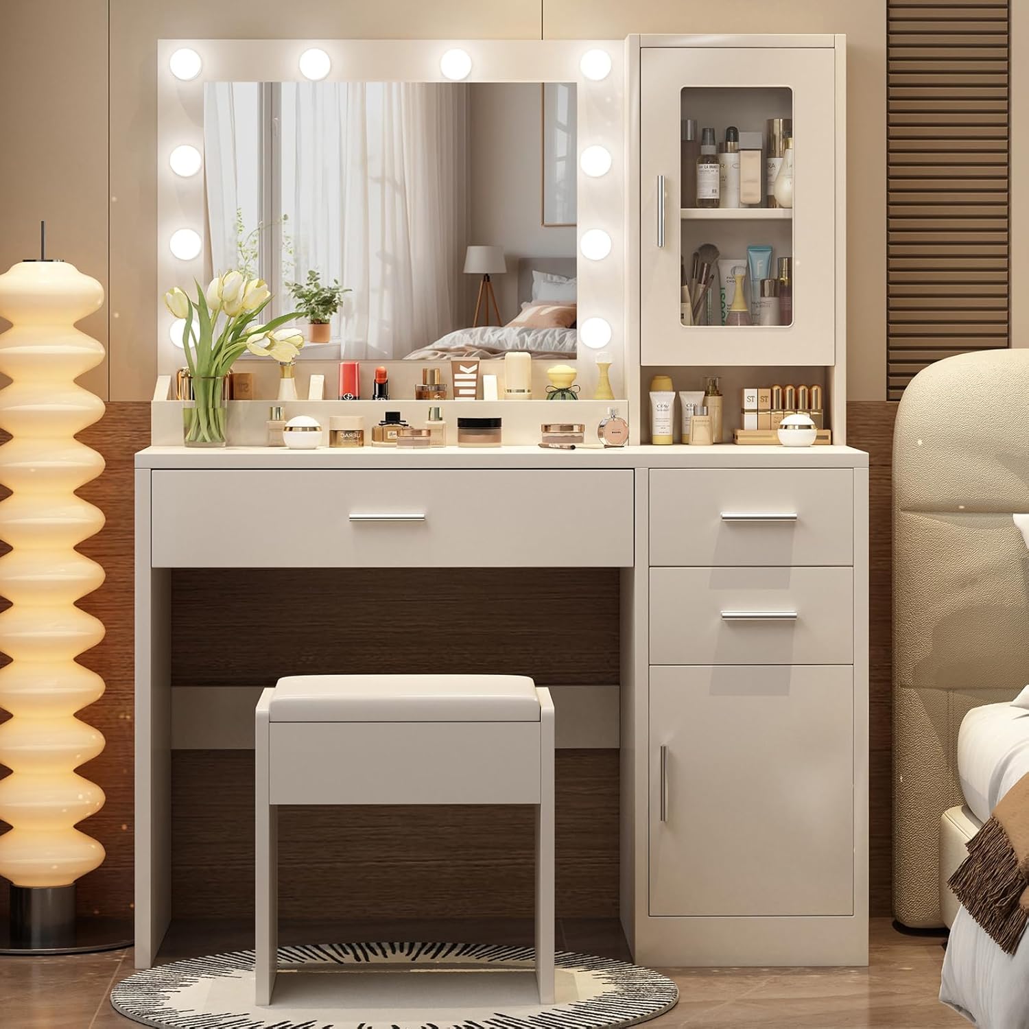 Makeup Vanity Desk Set with LED Lights Mirror Chair, Vanity Table with 7 Storage Shelves and 3 Drawers,3 Lighting Modes Adjustable Brightness Dressing Table for Bedroom,White