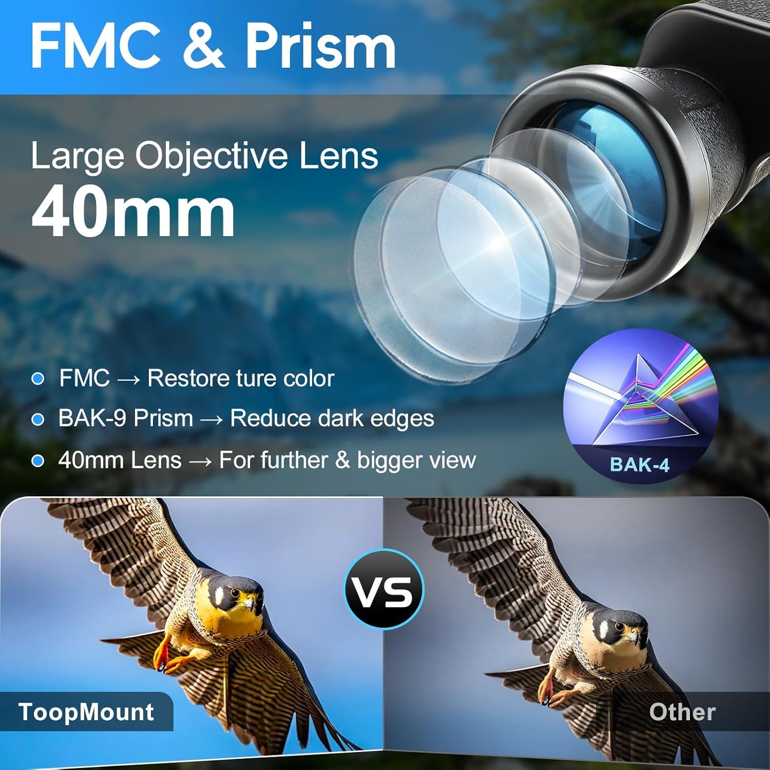 10x40 Monokular BAK4 Prisma Kleines Monokular mit mehrfach beschichteter Linse, wasserdichtes Kompaktteleskop mit Handschlaufe Tragetasche für Erwachsene Vogelbeobachtung Reisen Wandern