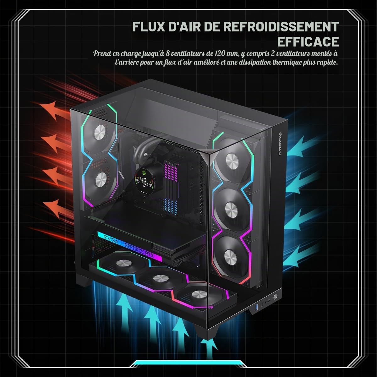 GAMEMAX Infinity Pro ATX Boîtier PC Verre trempé, 5 Ventilateurs ARGB PWM préinstallés, USB 3.0 et Type-C, Prend en Charge Aura Sync & BTF(Noir)