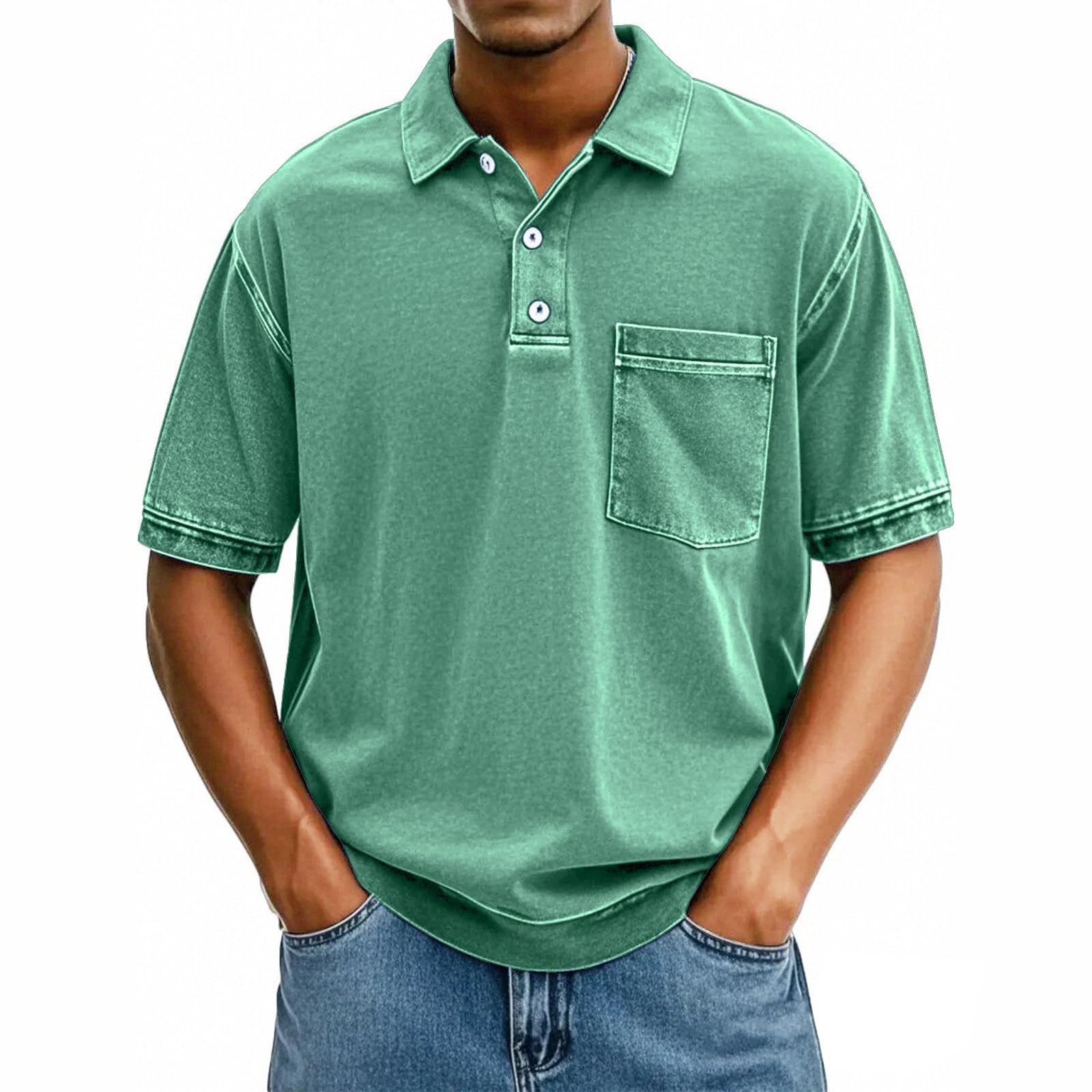 Mens Vintage Washed Polo Shirts Classic Fit Pullover Shirts Summer Lapel Button Tops Casual Retro Distressed Tee Top