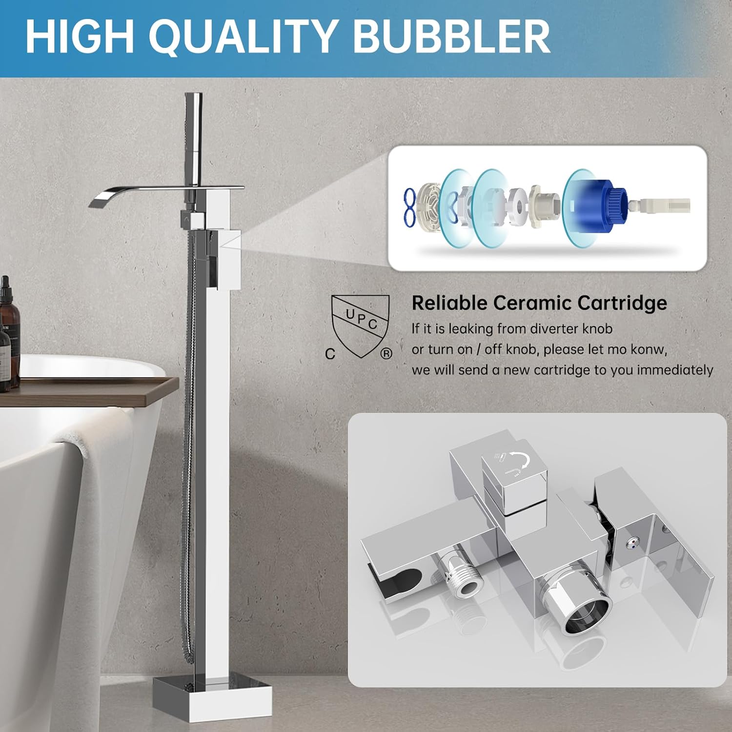 RUMOSE Tub Filler Freestanding Bathtub Faucet Polished Chrome Floor Mount Tub Faucet Waterfall Bathtub Filler with CUPC Certified High Flow Brass Bath Shower Faucets with Handheld Sprayer - Image 4