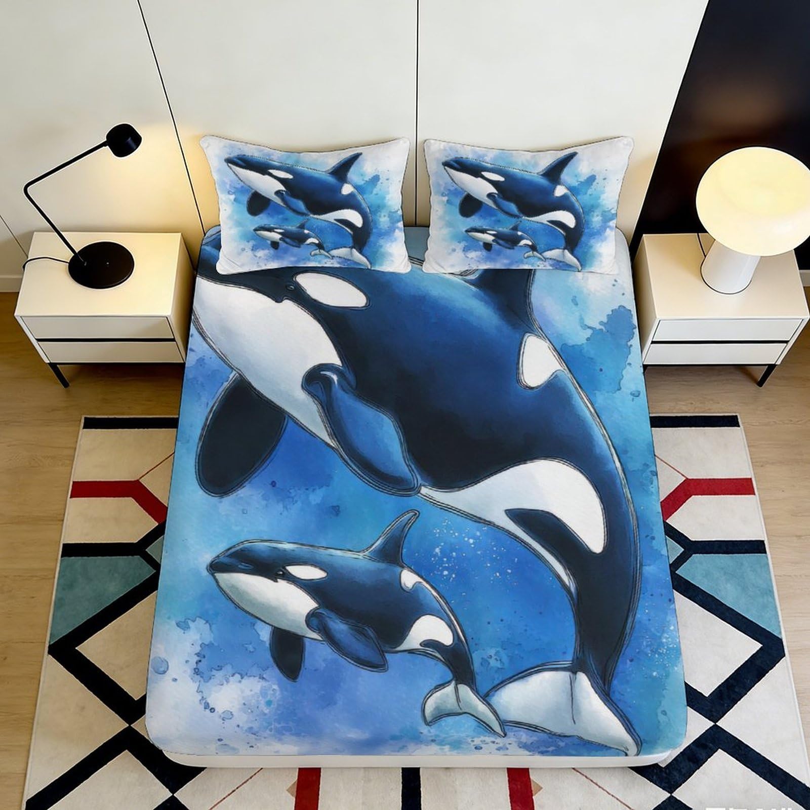 3D Printed Orca Ocean Fitted Sheet Microfiber Soft Waterproof Whale Mattress Cover for Bedroom Dorm Decor 90x200x25cm