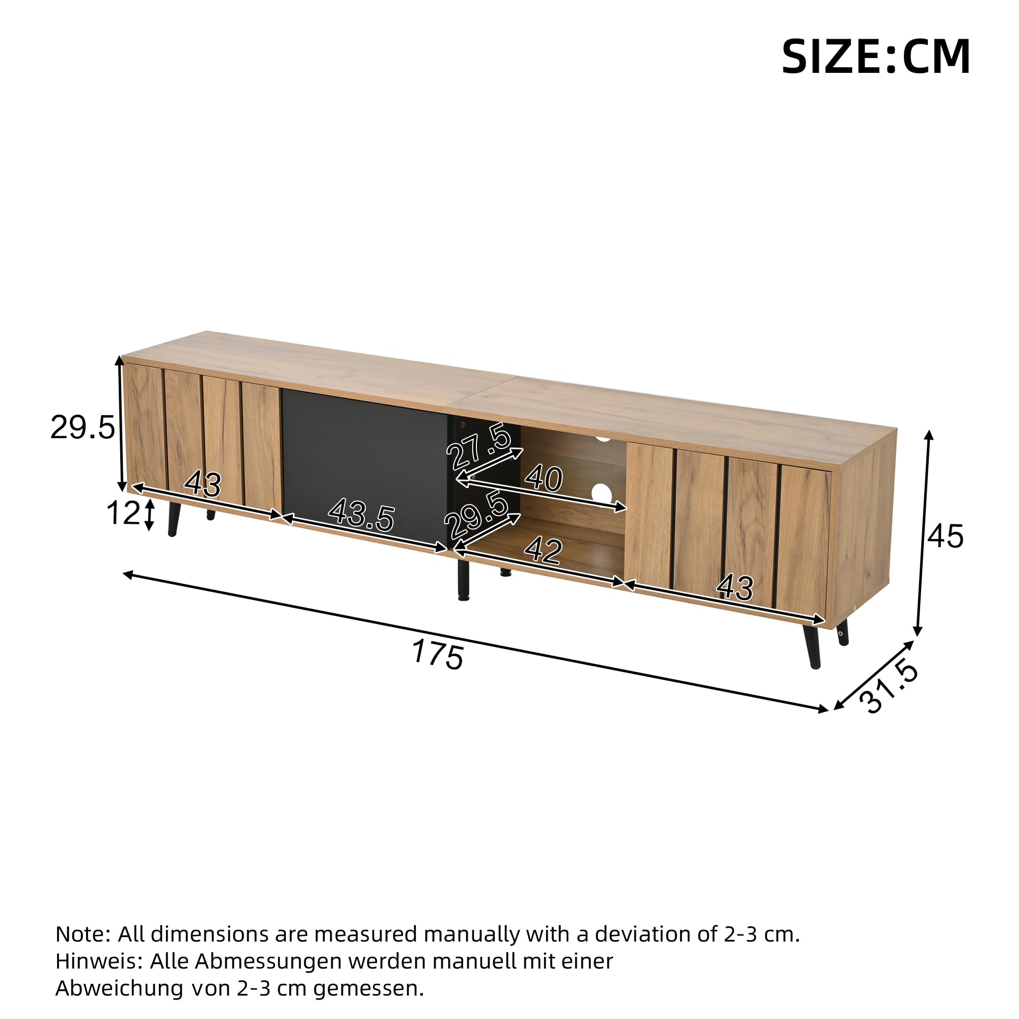175 x 31,5 x 45 cm szafka pod telewizor do salonu, szafka TV z 3 szafkami, prosta szafka do salonu z oryginalnym kolorem drewna + czarny splot, pasuje do telewizorów o przekątnej ekranu 75"