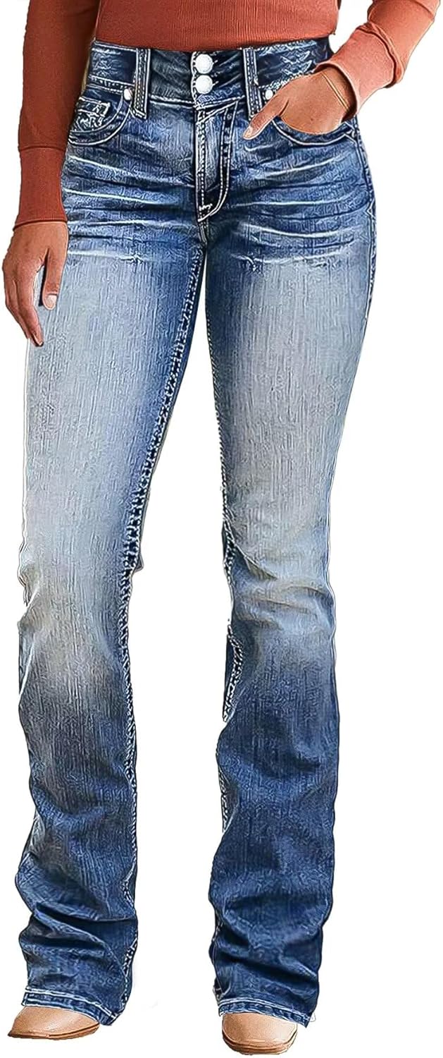 Flamingals Boot Cut Jeans for Women Mid Waist Tummy Control Trendy Flare Jeans Straight Denim Pants
