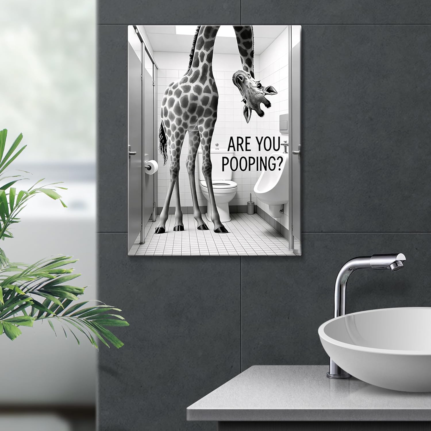 HomeifHue Funny Bathroom Wall Art Rustic Farmhouse Giraffe Are You Pooping Canvas Print, Humorous Animal Poster for Bathroom or Restroom Ready to Hang 16x20in