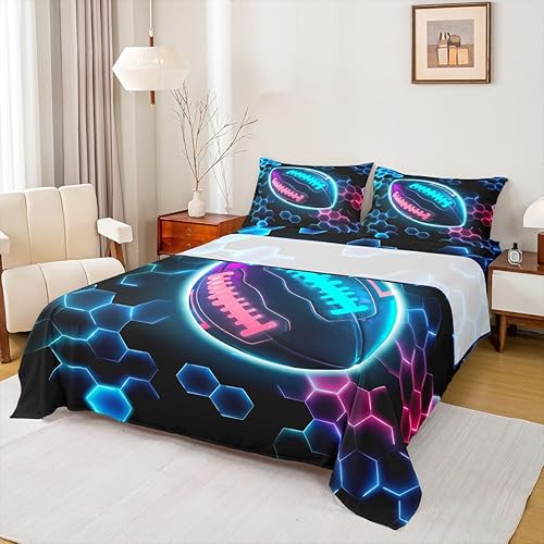 Erosebridal Graffiti Rugby Ball Sheet Set Twin Colorful Rugby Helmet Bed Sheets Set, Sports Sheets for Boys Girls Football Game Flat Fitted Sheet