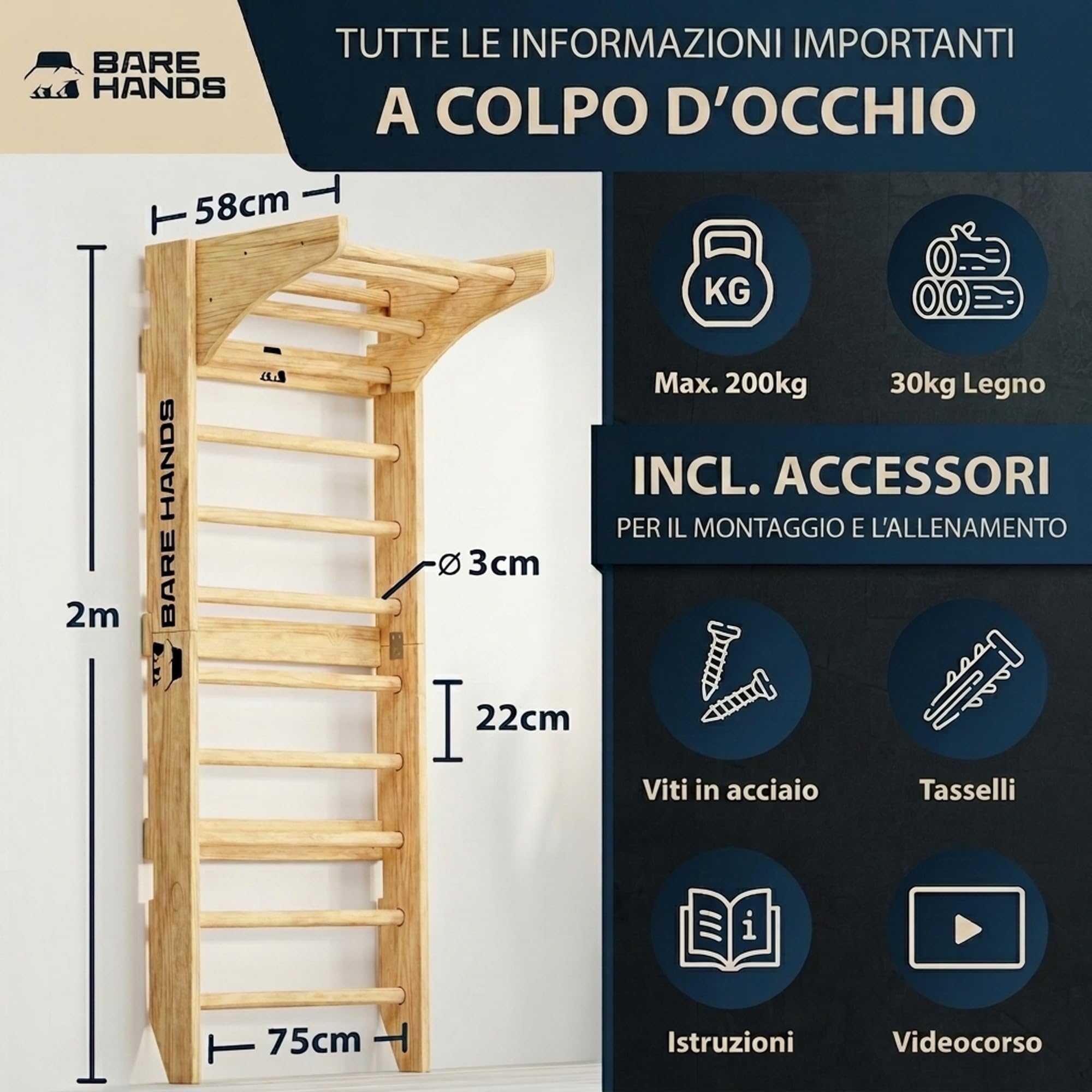 Bare Hands Spalliera Svedese in Legno per Adulti e Bambini – Parete da Ginnastica e Arrampicata Fino a 200 kg – Estremamente Robusta – Disponibile con o Senza Barra per Trazioni e Dip