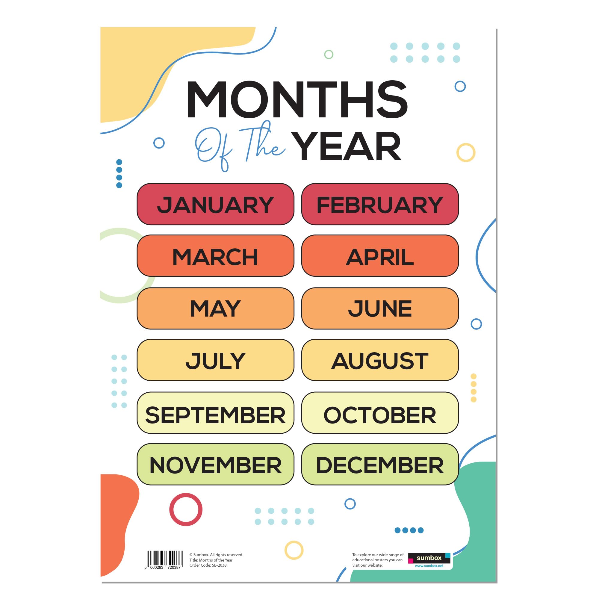 Sumbox Educational A3 Posters for Toddlers - Alphabet ABC, Numbers, Shapes & More - Kids Learning Posters for Children, Early Years Nursery Decor, Preschool Wall Charts (Months of The Year)