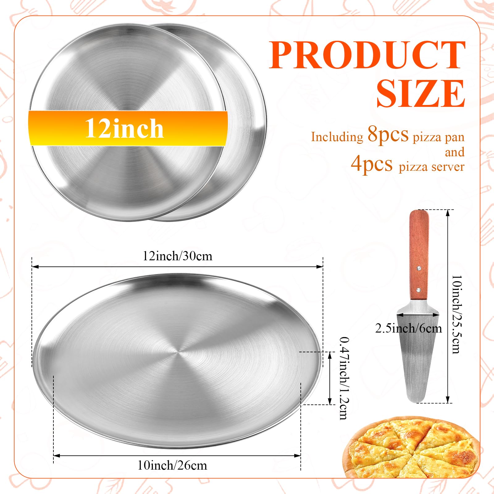 8 moldes para pizza de 12 pulgadas, bandeja de acero inoxidable para servir pizza con 4 espátulas de pizza, plato redondo antiadherente para hornear pasteles, pasteles, servir, vajilla,