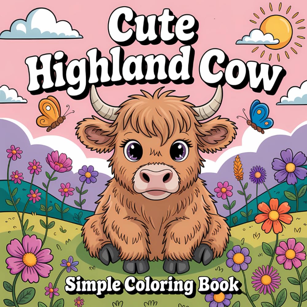 Cute Highland Cow Simple Coloring Book: Beautiful and Cute Scottish Cows Bold and Simple Illustrations for Relaxation and Creativity
