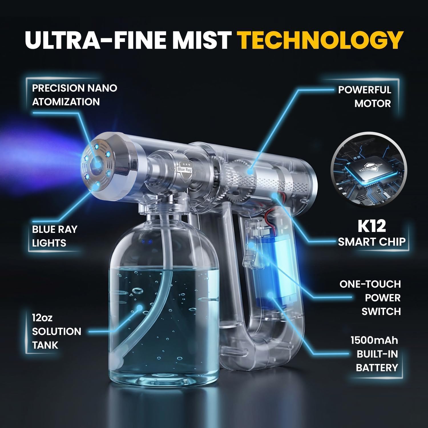 Professional K12 Nano Spray Gun with Blue Light, Atomizer Sprayer & Nano Steam, Cordless & Rechargeable Barber Spray Gun for Fine Mist Sprayer, Handheld & Portable for Home, Salon, Office & Travel Use