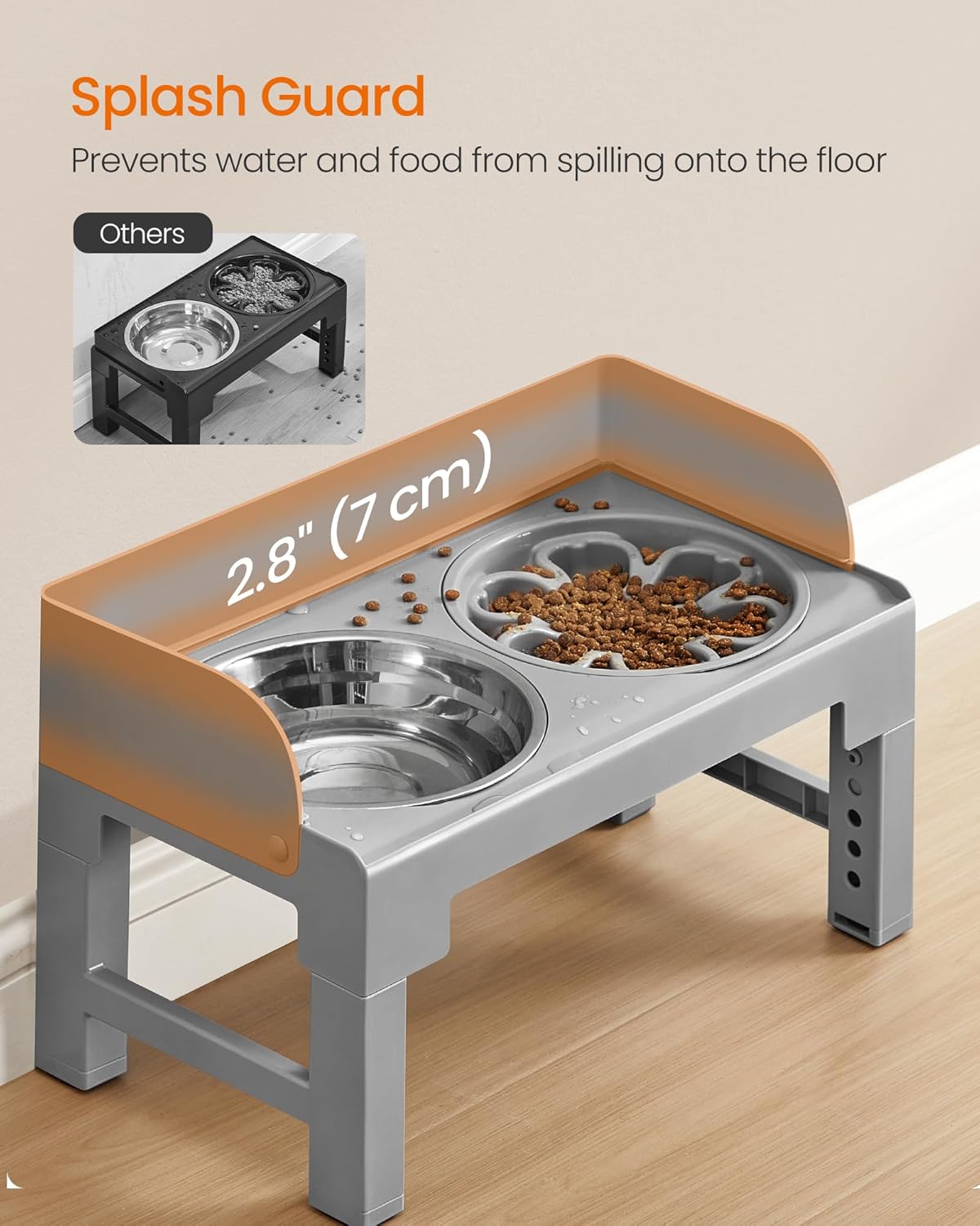 Elevated dog bowl stand with a splash guard