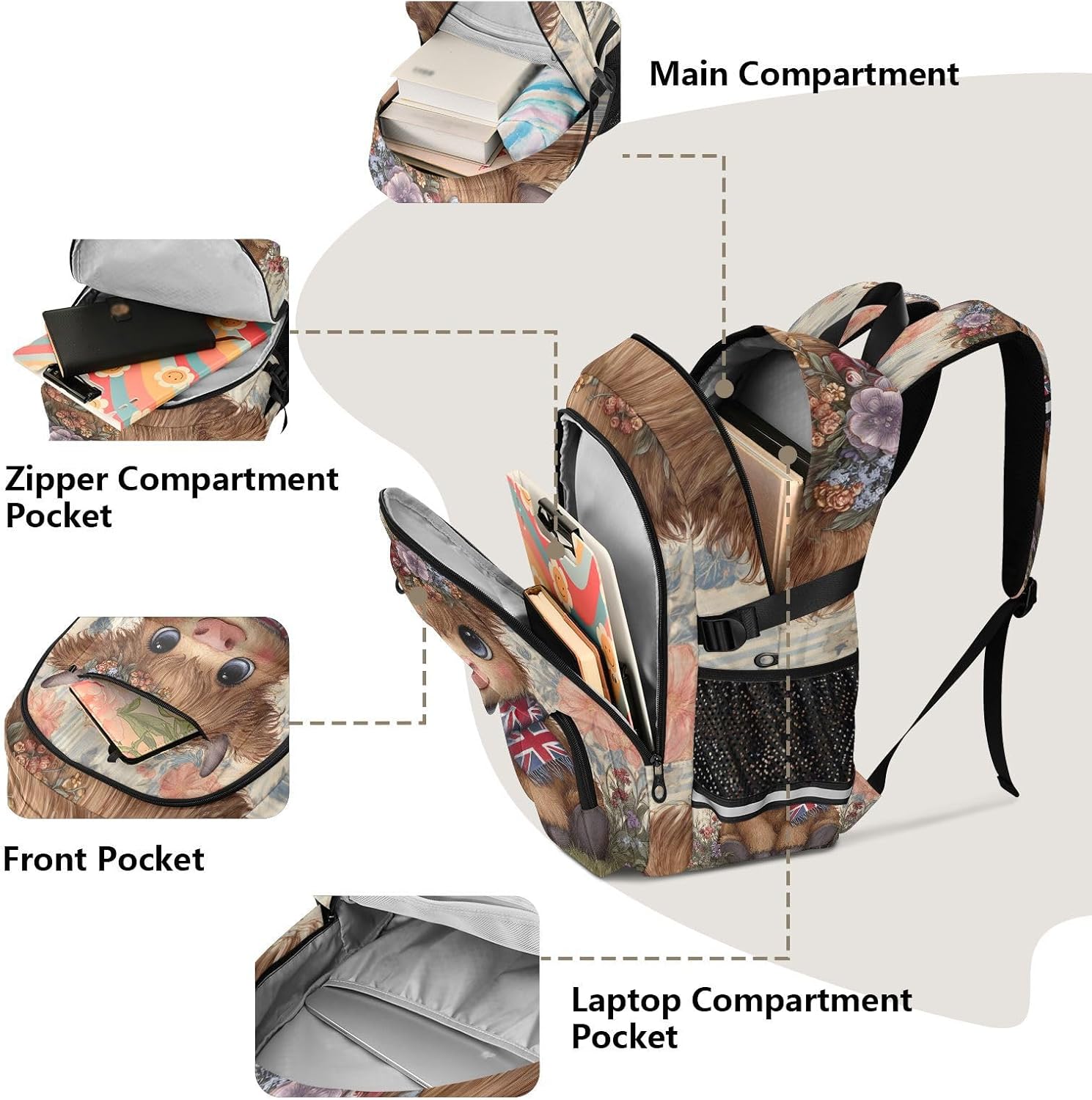 ALAZA Cute Highland Cow British Flag Backpack Laptop Backpack for Women Men Teen Girls Travel Bookbag Multi Pocket School Book Bag Lightweight Daypack 30L image 5