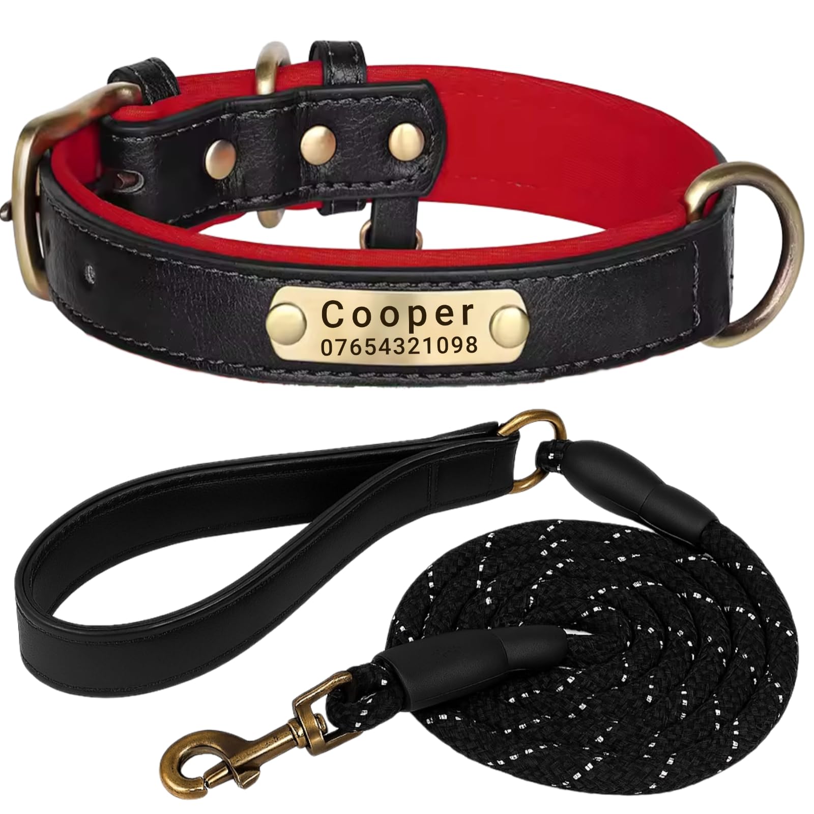 SEOUGEE Genuine Leather Dog Collar Personalised and Leash Set, Soft Padded Leather Dog Collars Heavy Duty with Custom Engraved Name Plate for Small Medium Large Dogs (S, Black Set 23-32cm) — image 1
