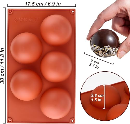 Miniatura 6 de Lerykin Paquete de 3 moldes de silicona extra grandes de 5 cavidades, molde de media esfera antiadherente para hacer bombas de chocolate caliente de