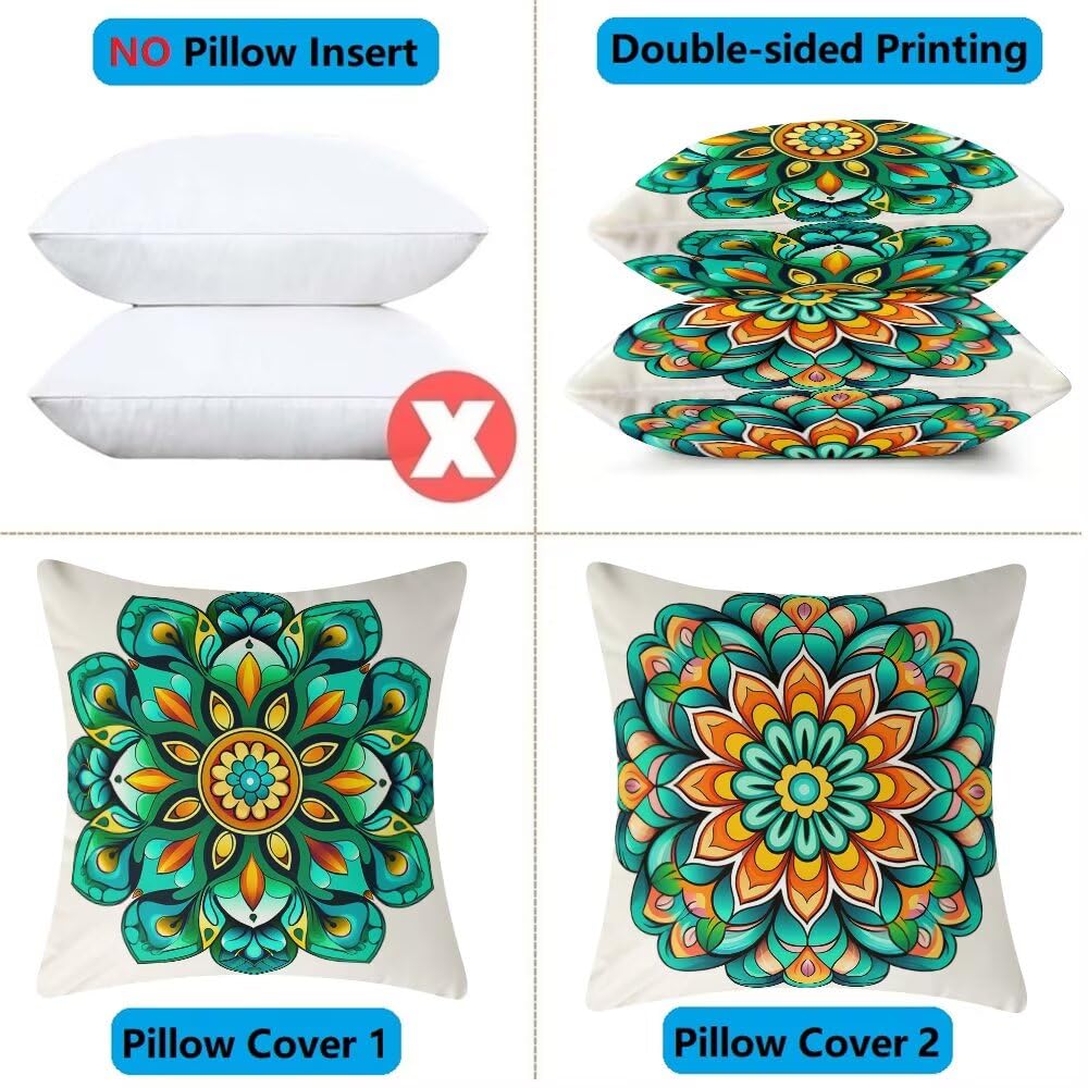 Federe Cuscini Divano 65x65 cm Federe Morbido Copricuscini Verde Smeraldo in Velluto, 2 Pezzi Copri Cuscini per Divano Boho Decorativi Federa Cuscino Mandala per Camera da Letto Soggiorno (IU7)