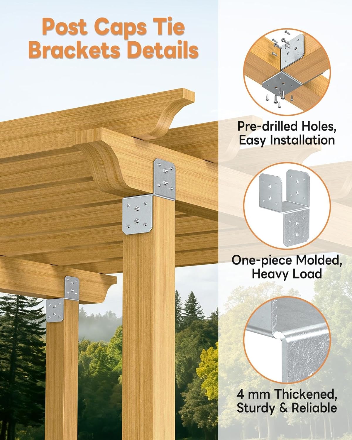 4 Pack Heavy-Duty Post Cap Tie Brackets- 4x4 Post Anchor & Joist Connector Kit Without Screws, Secure Wood Beam to Decks, Gazebos, Porches (Galvanized-4 Pcs)