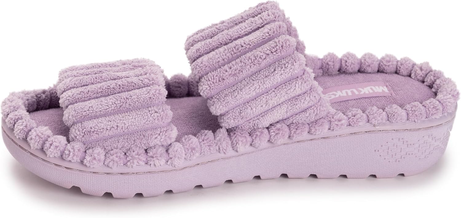 MUK LUKS Women's Double Strap Slide-Cloud Ribbed Terry Slipper, Purple, XL
