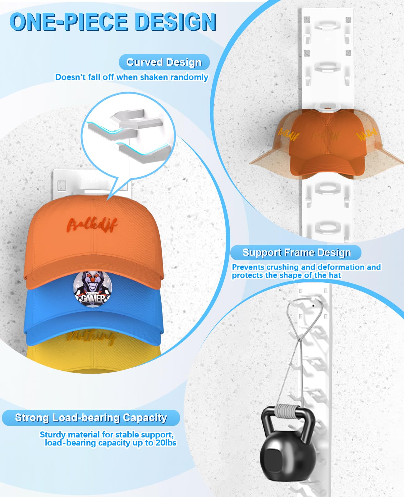 Eanyiikick Paquete de 2 organizadores de sombreros para gorras de béisbol, ganchos para sombreros para pared con capacidad para hasta 18 sombreros (blanco)