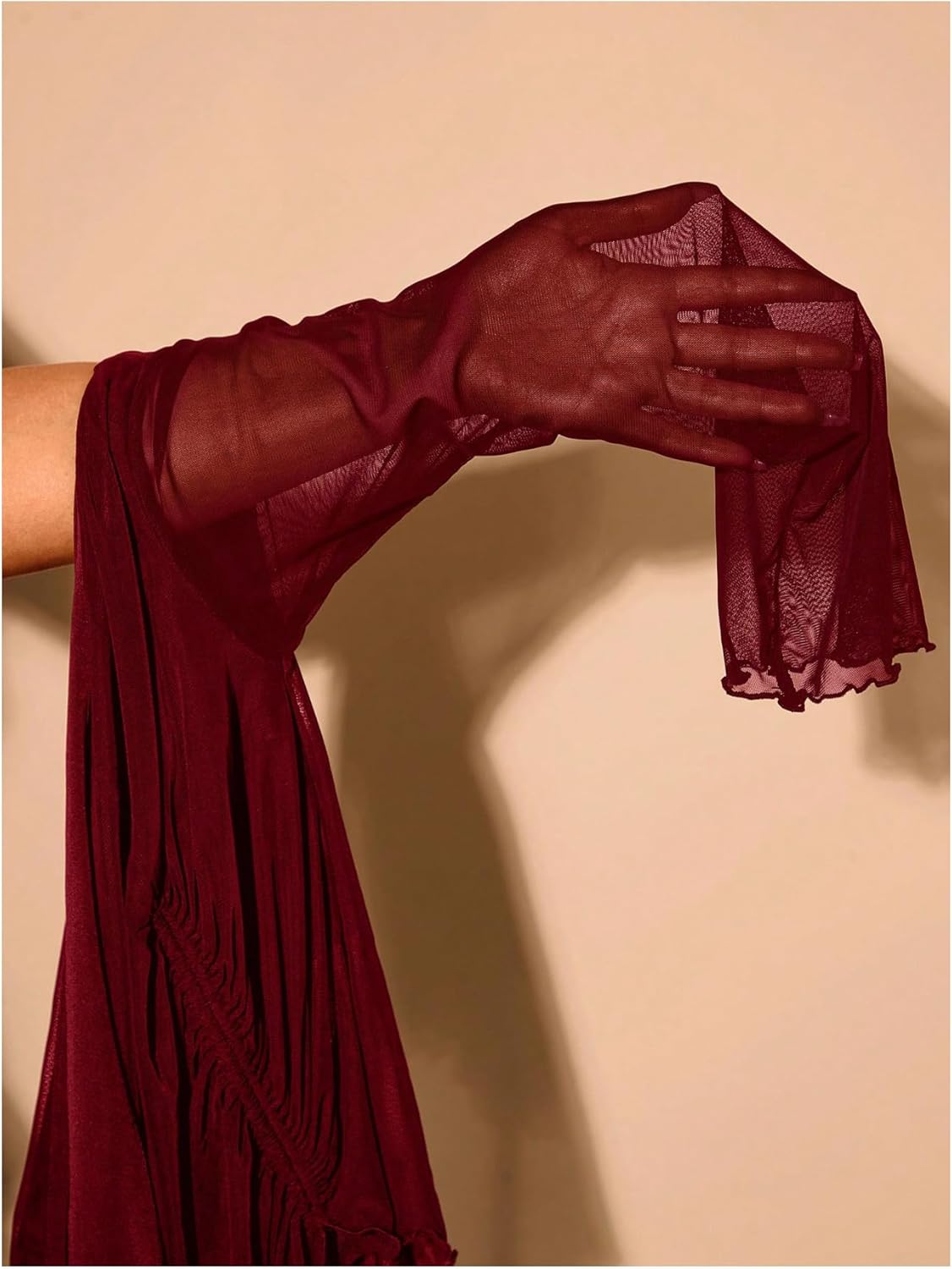 Women's Plus Size Sheer Mesh Off Shoulder Tops Long Sleeve Drawstring Asymmetrical Hem Ruched T Shirt - Image 4