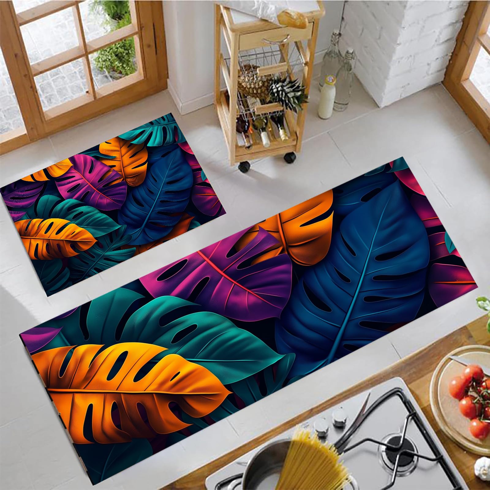 Alfombras de cocina de hojas tropicales con soporte acolchado para zonas de trabajo