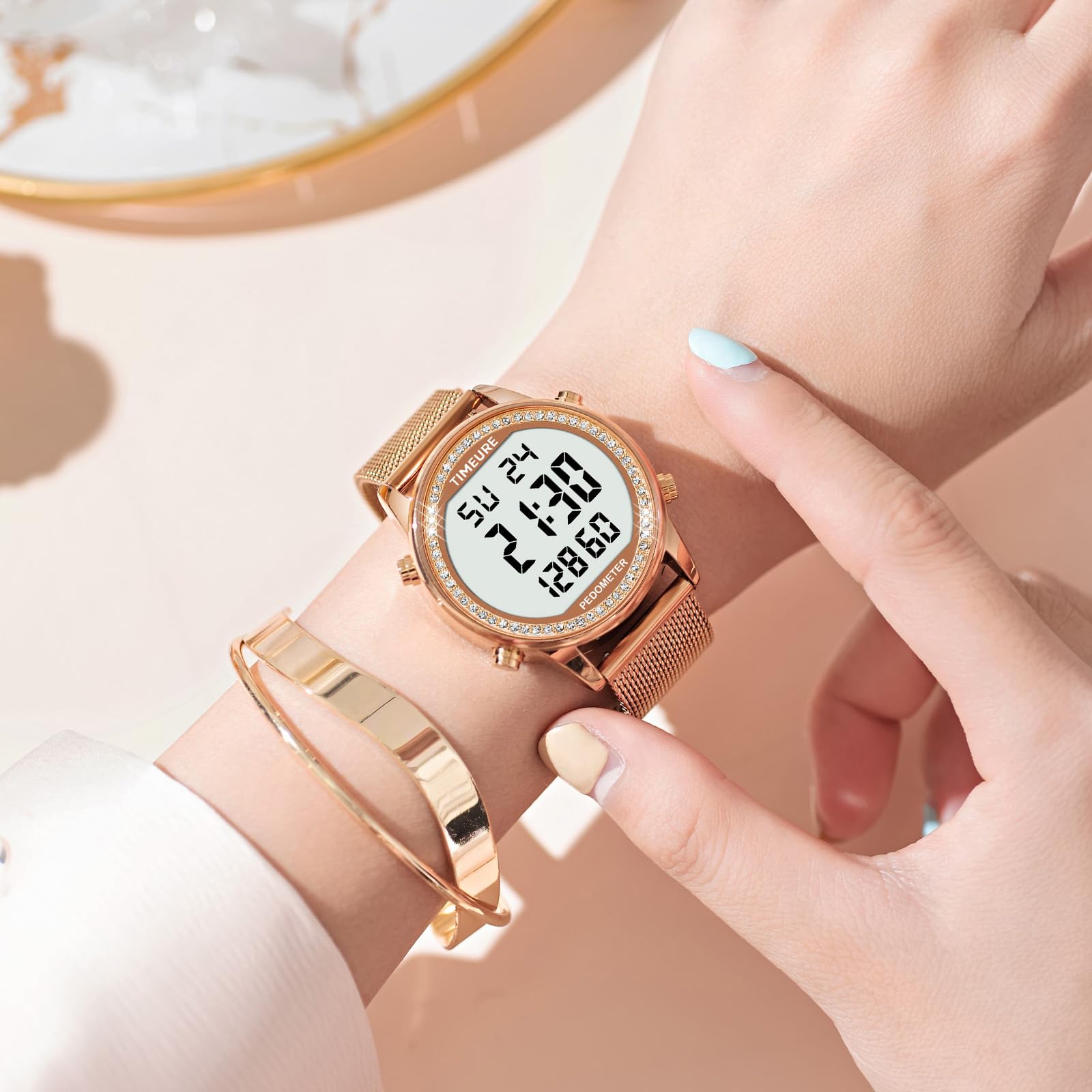 TIMEURE Reloj podómetro para mujer, con contador de pasos, piedra de cristal, sin aplicación, no necesita carga para pasos, calorías, seguimiento de distancia, alarma, temporizador de cuenta
