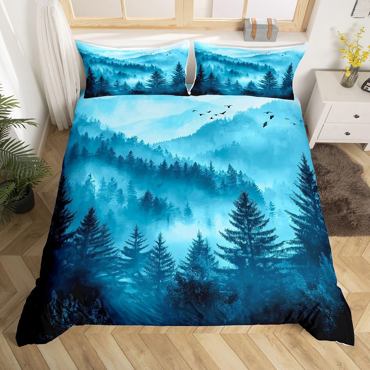 Erosebridal Dark Blue Toddler Comforter Cover Mountain Pine Tree Forest Bedding Set Rustic Woodland Nature Landscape Duvet Cover for Kids Boys Teen Men,Soft Lightweight Bed Set 2 Pcs