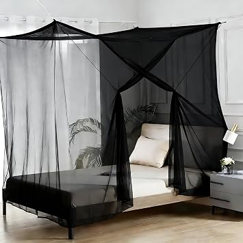 Mosquito Net for Bed, 4 Corner Post Curtains-Single-Door Design Bed Canopy Single Bed Mosquito Net Set Bed Canopy for Girls Easy Installation for Travel and Home Garden, Camping Black