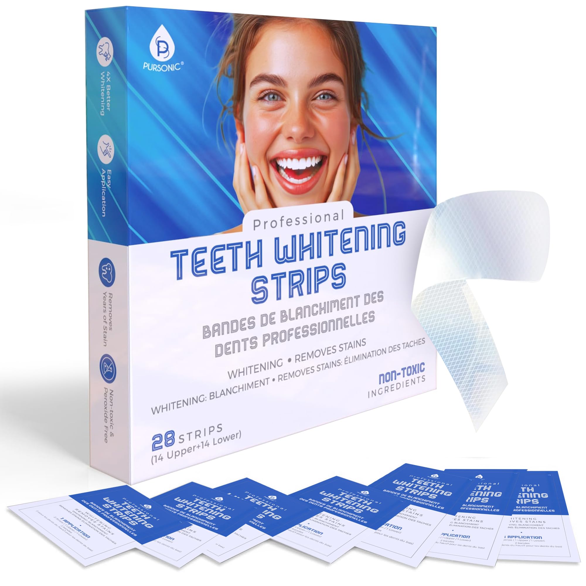 Pursonic Teeth Whitening Strips 28 Strips - Non-Toxic Peroxide-Free - Professional Instant Teeth Whitening at Home to Remove