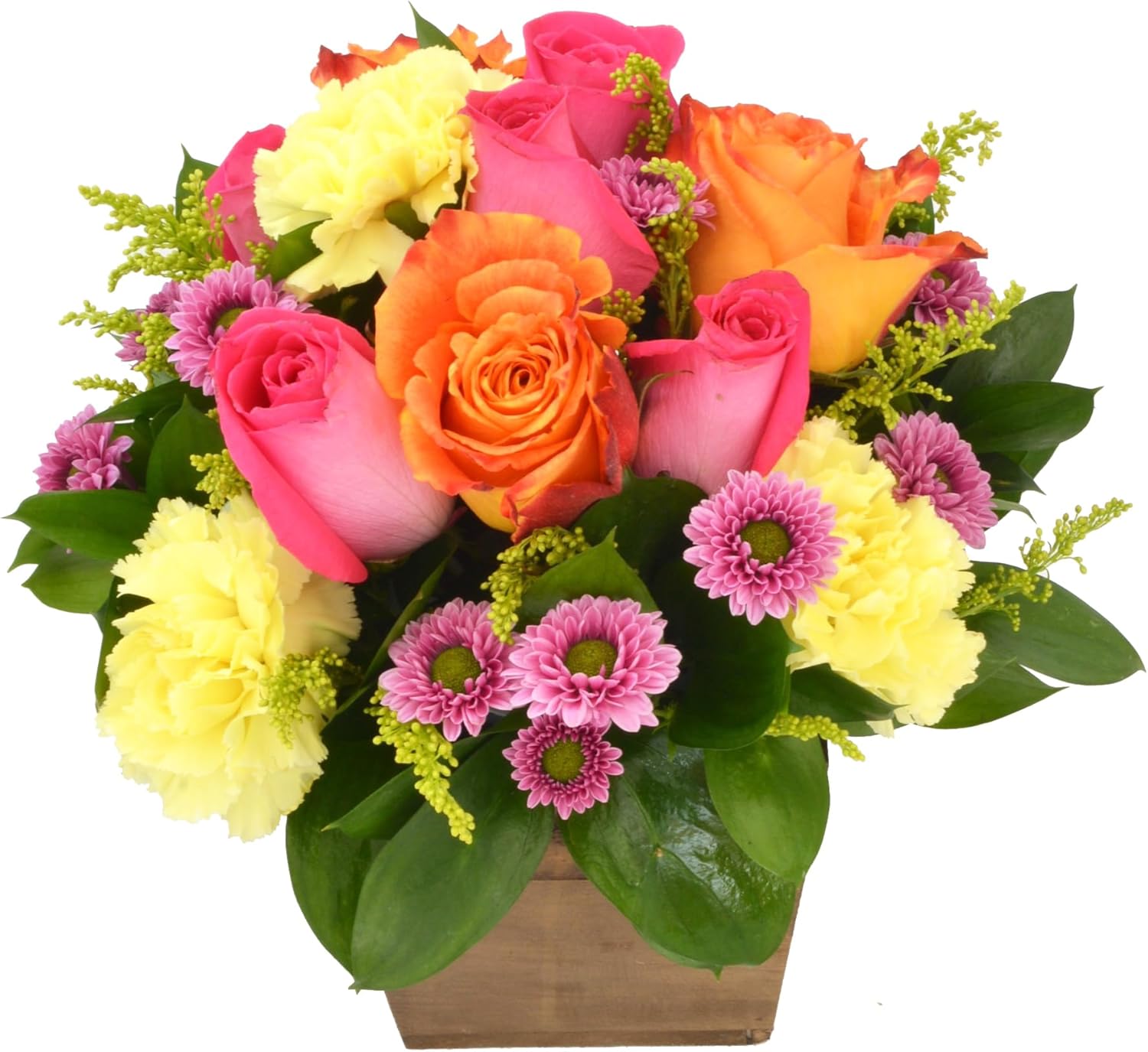 Everlasting Fling in Wooden Vase| Pink, Orange Aquabloom Arrangement | Arabella Bouquets | Real Fresh Flowers for Delivery, Gift for Birthday, Congratulations, Anniversary, Thank You