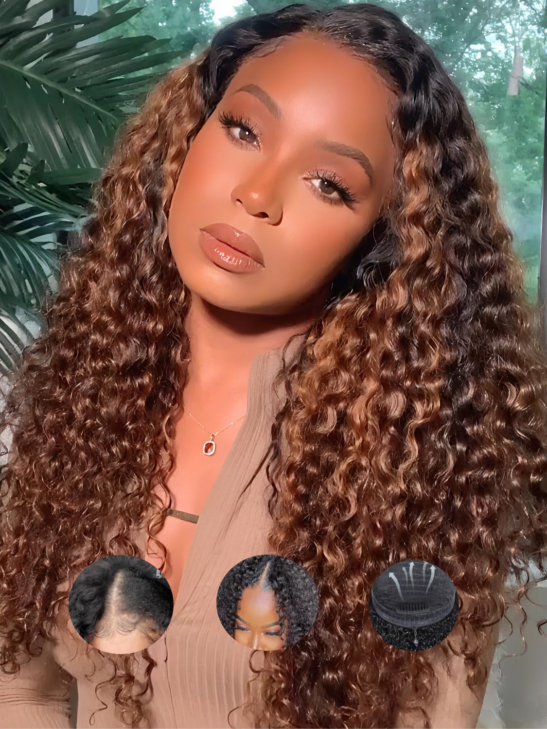 YIROO EasiContour V Part Wigs Ombre Brown Glueless Human Hair Upgrade U Part Wig with Dark Roots Highlight V Shape Clip Wigs Beginner Friendly with
