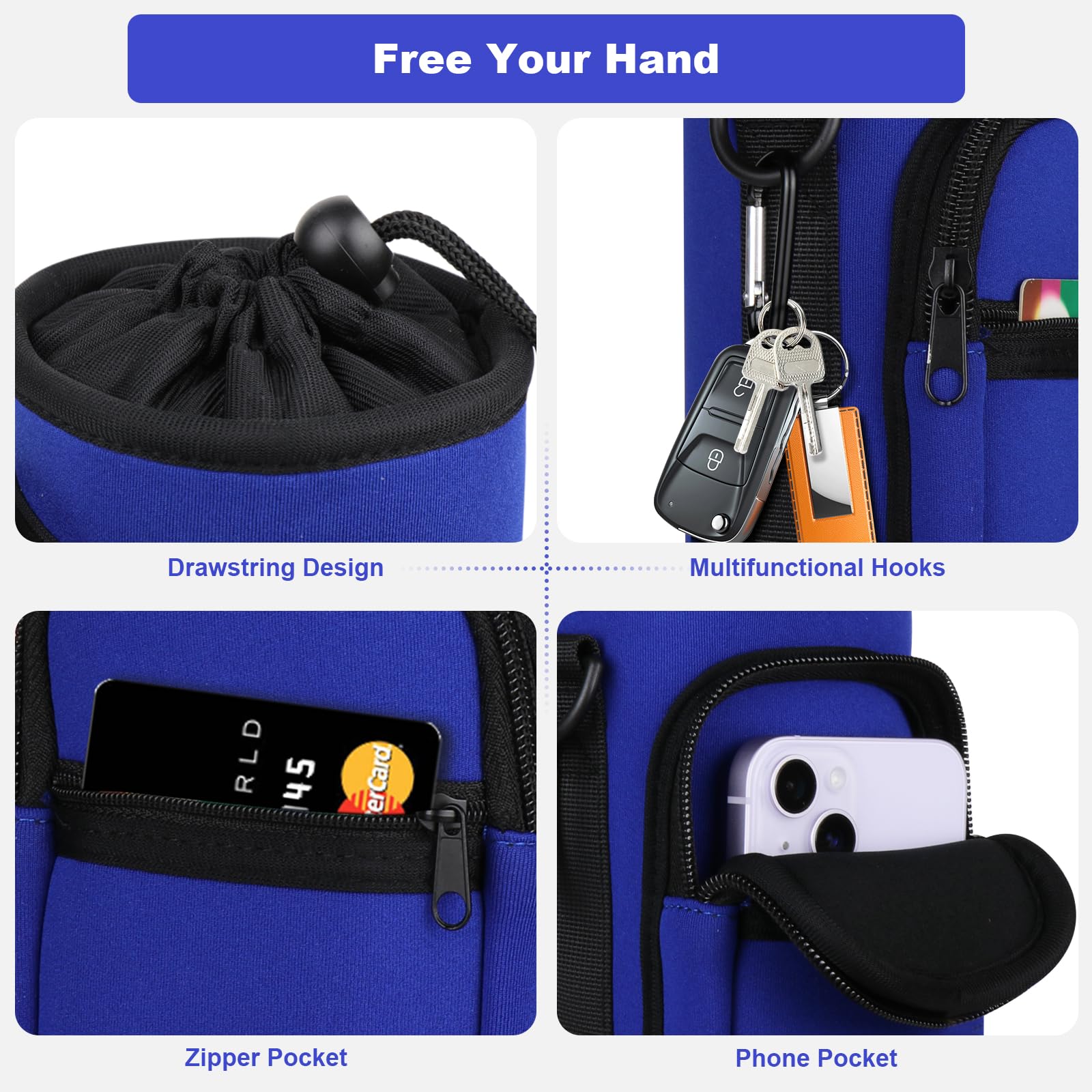 Soporte para botella de agua con correa, bolsa de transporte para botella de agua con bolsillo para teléfono, correa de hombro de neopreno aislada de 32 onzas, funda para botella de agua para