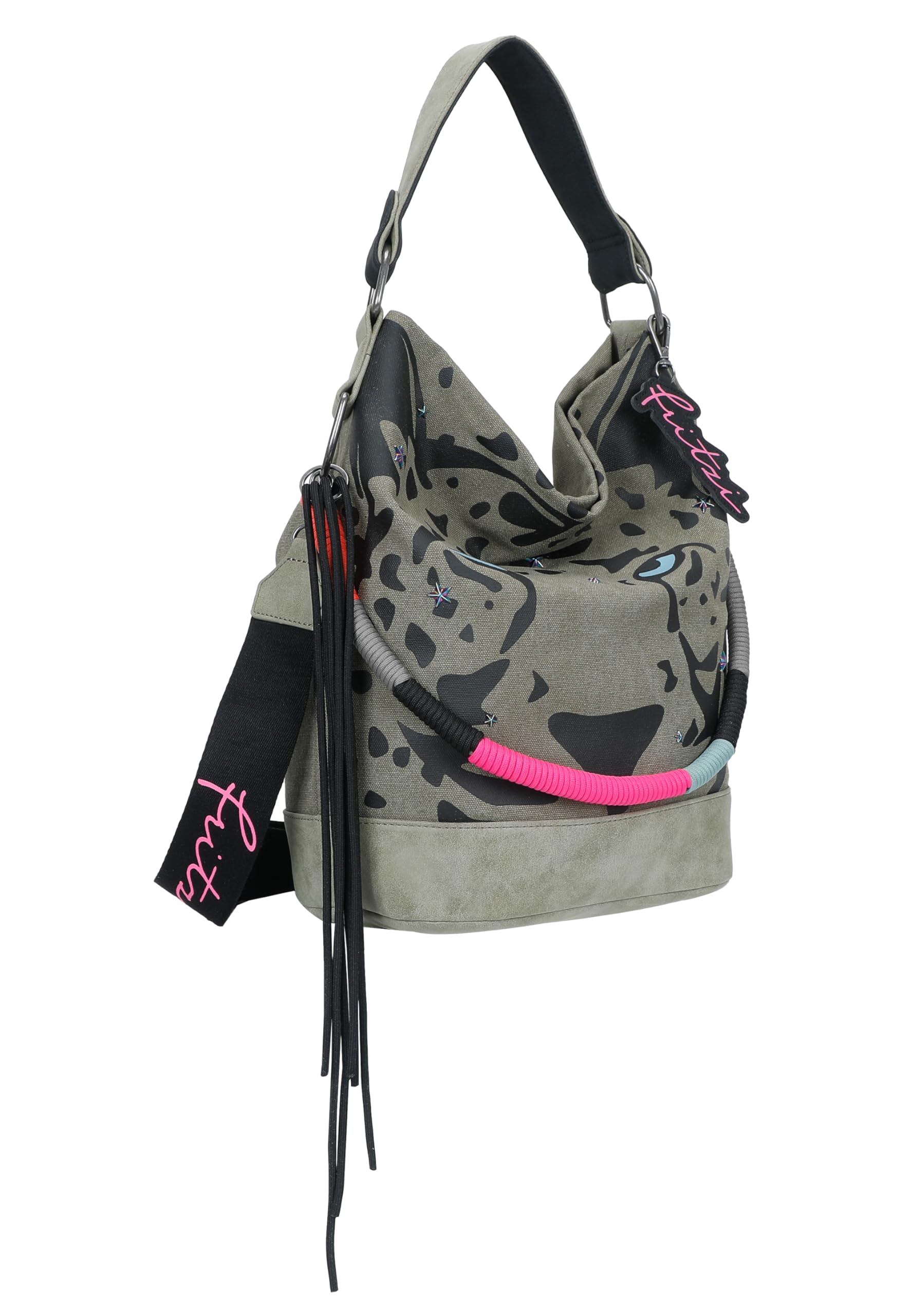 Fritzi Izzy07 Olga Limited Canvas Hobo Damen Schultertasche Handtasche Canvas Magnet Innenfach Leoprint Freizeittasche Alltag Reisen Freizeit Arbeit 37 x 27 x 17 cm, Schwarz