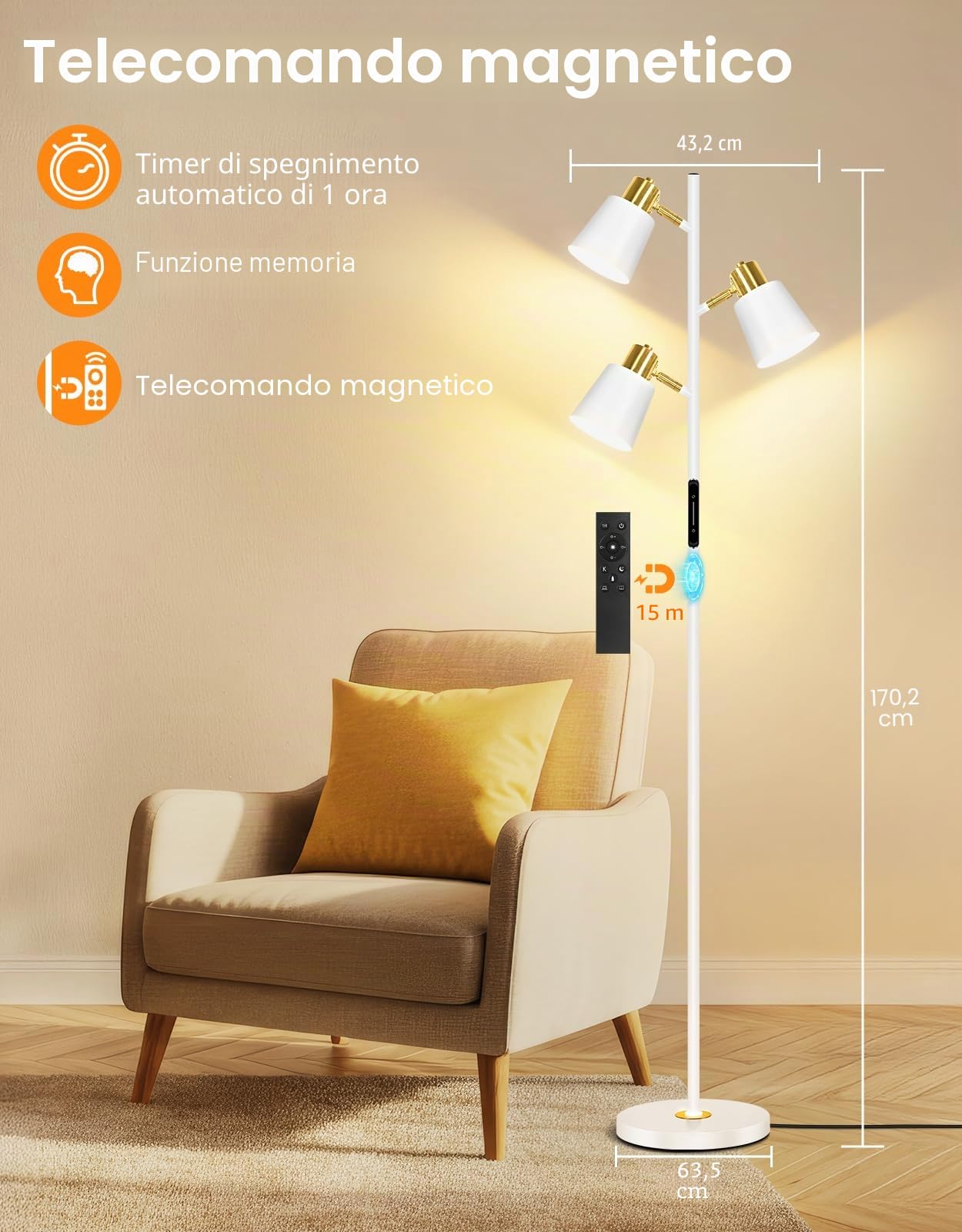 OUTON Lampada da Terra LED Dimmerabile con Telecomando e Controllo, Bianco | Touch, 36W 2700LM, 4 Temperature di Colore, 3 Luci Rotanti, Lampade da Terra moderna per Soggiorno, Camera da Letto, Ufficio