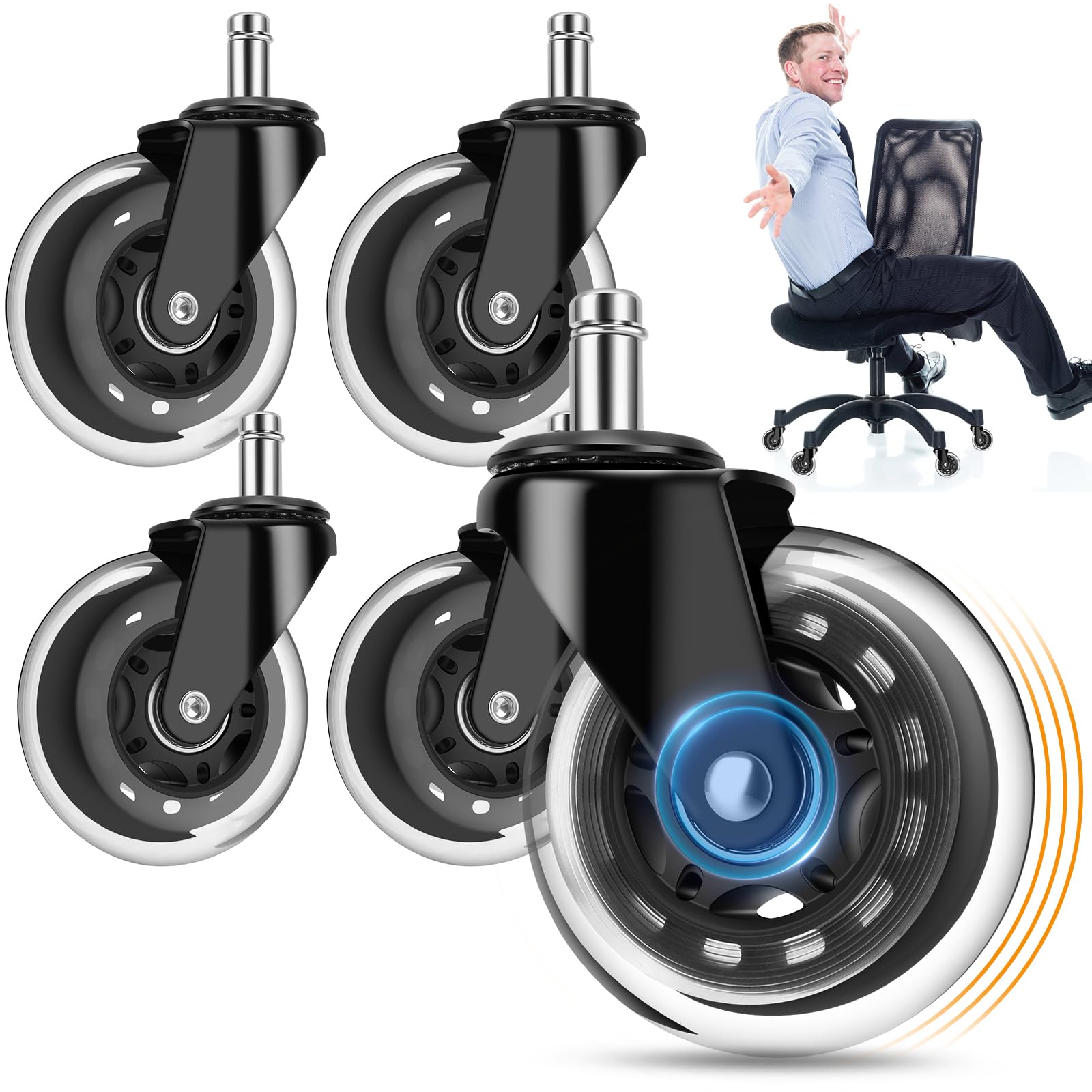 OVLLAN Office Chair Wheels, Outstanding Replacement Roller Blade Wheels for Office Gaming Desk Chairs - 3 Inch Caster Wheel Set of 5 Heady Duty Safe for Hardwood Floors and Carpet, Smooth & Quiet